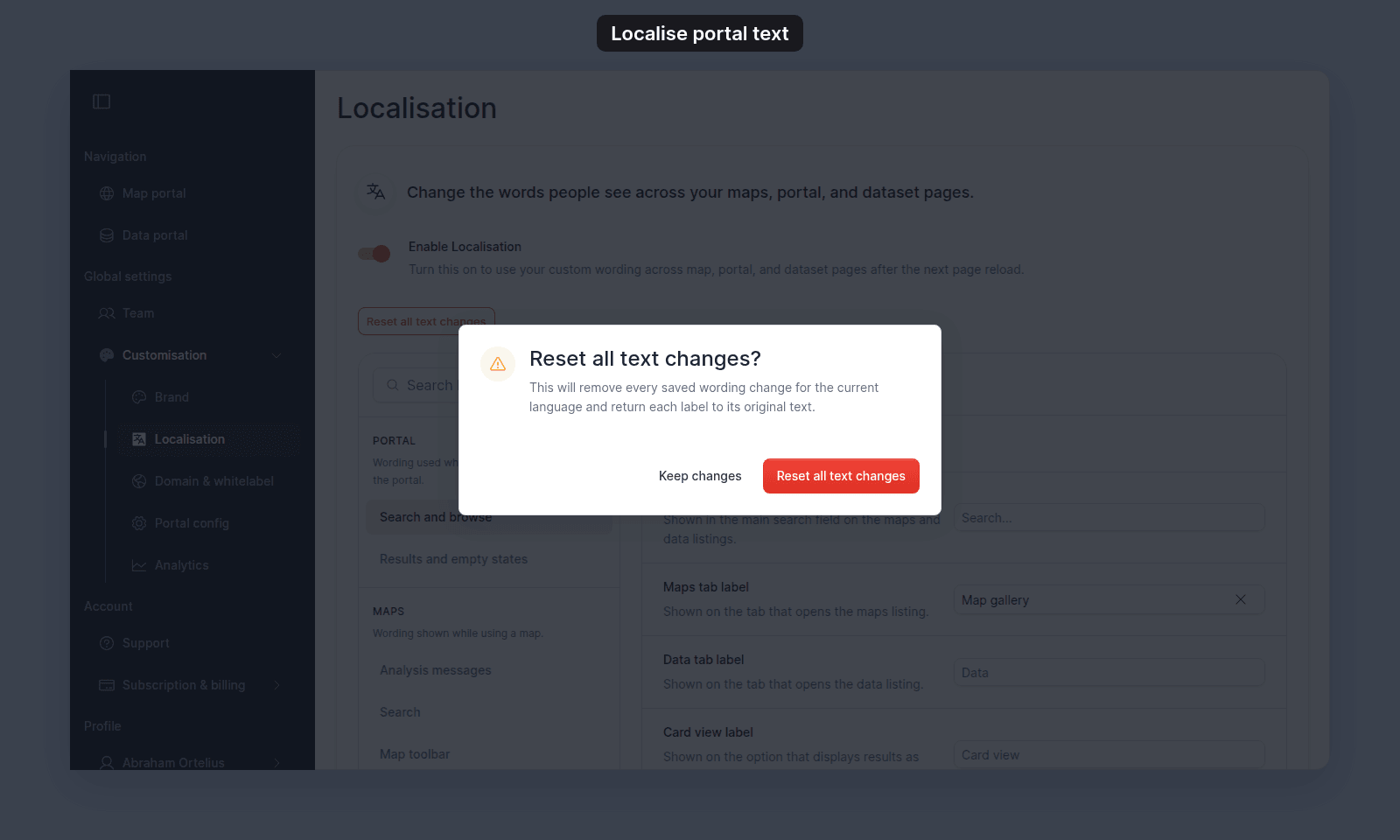 Reset all text changes? dialog: This will remove every saved wording change for the current language and return each label to its original text, with Keep changes and Reset all text changes buttons