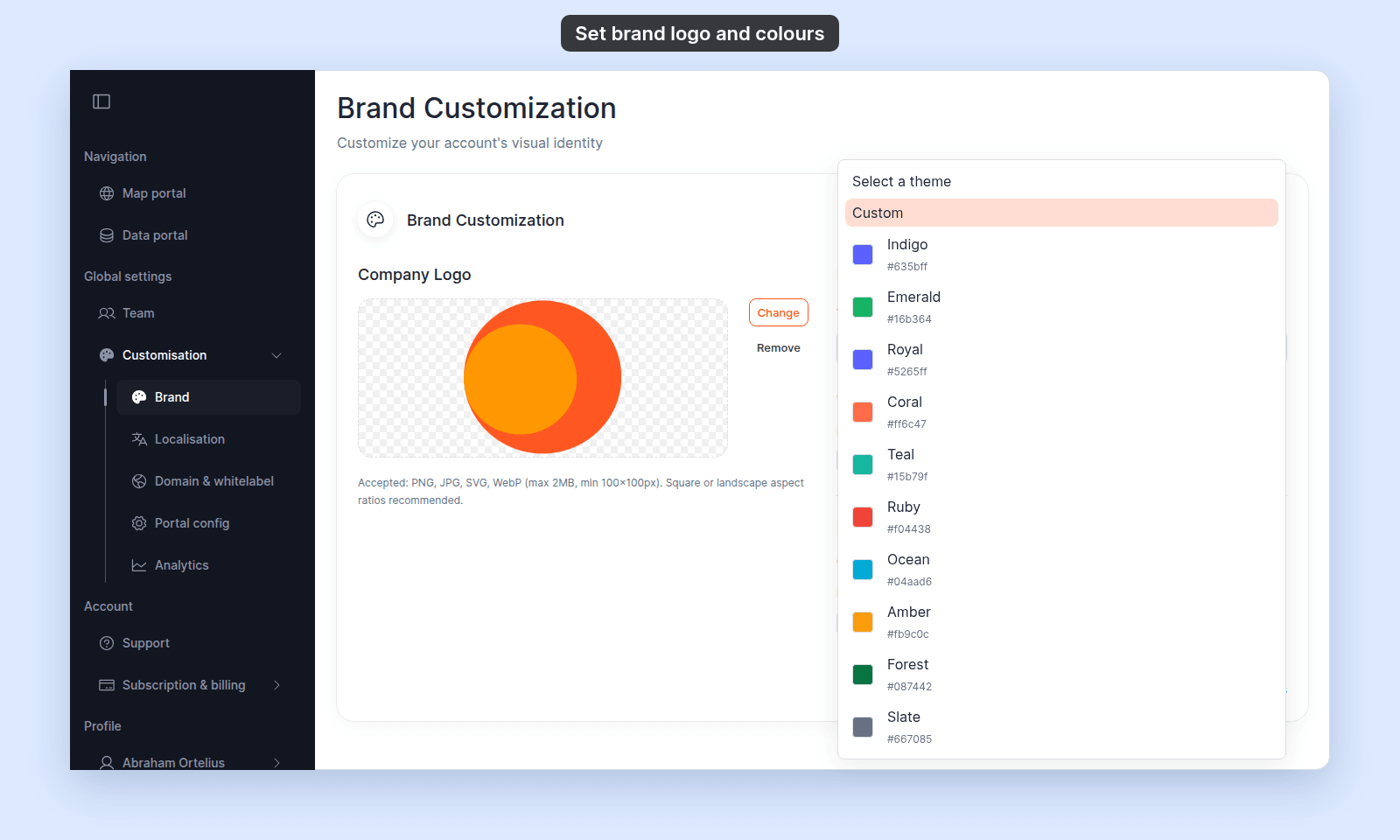 Brand page with the Theme Colour list open: Select a theme, Custom (selected), then Indigo #635bff, Emerald #16b364, Royal #5265ff, Coral #ff6c47, Teal #15b79f, Ruby #f04438, Ocean #04aad6, Amber #fb9c0c, Forest #087442, and Slate #667085, each with its colour swatch