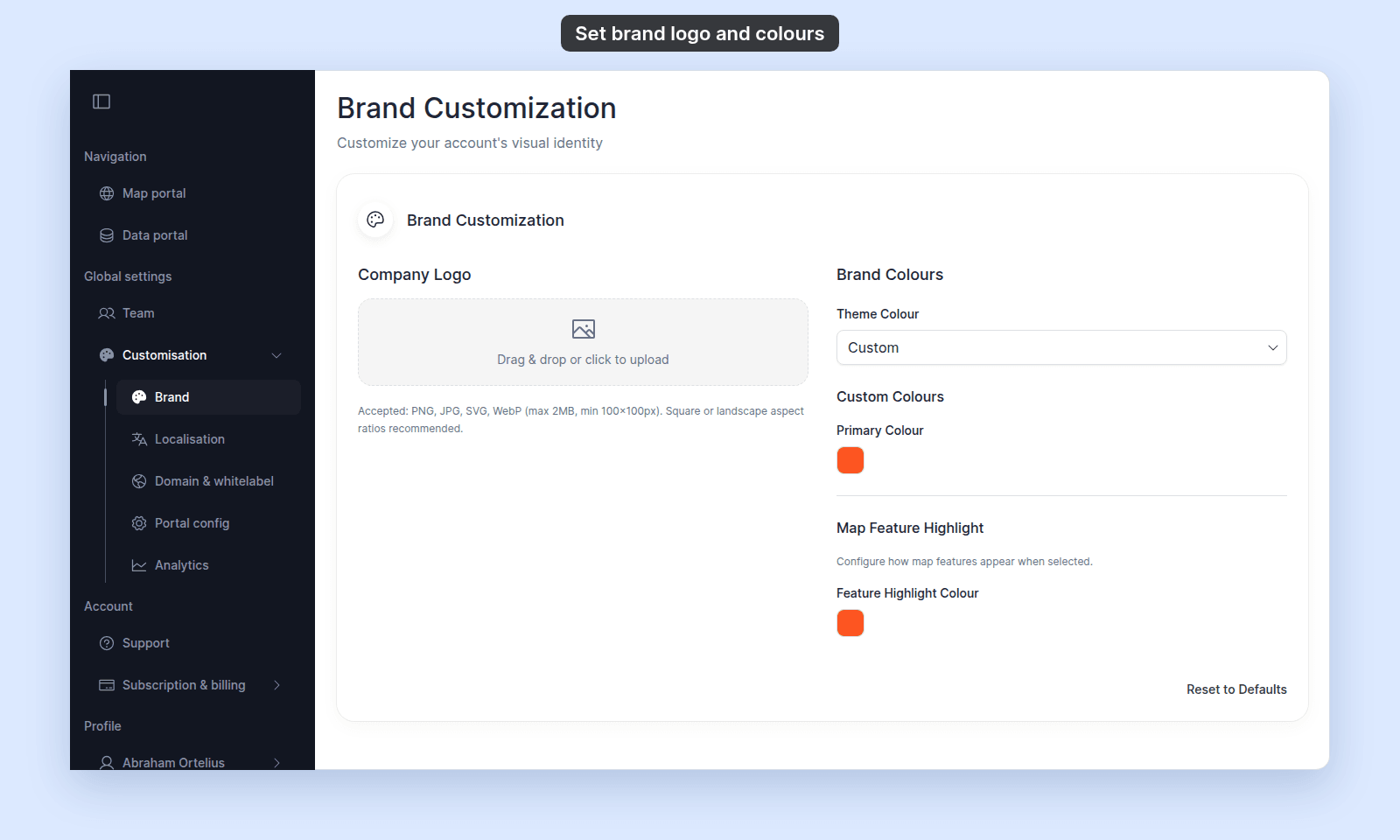 Brand Customization page with no logo. The Company Logo upload area shows Drag & drop or click to upload, with the help text Accepted: PNG, JPG, SVG, WebP (max 2MB, min 100×100px)
