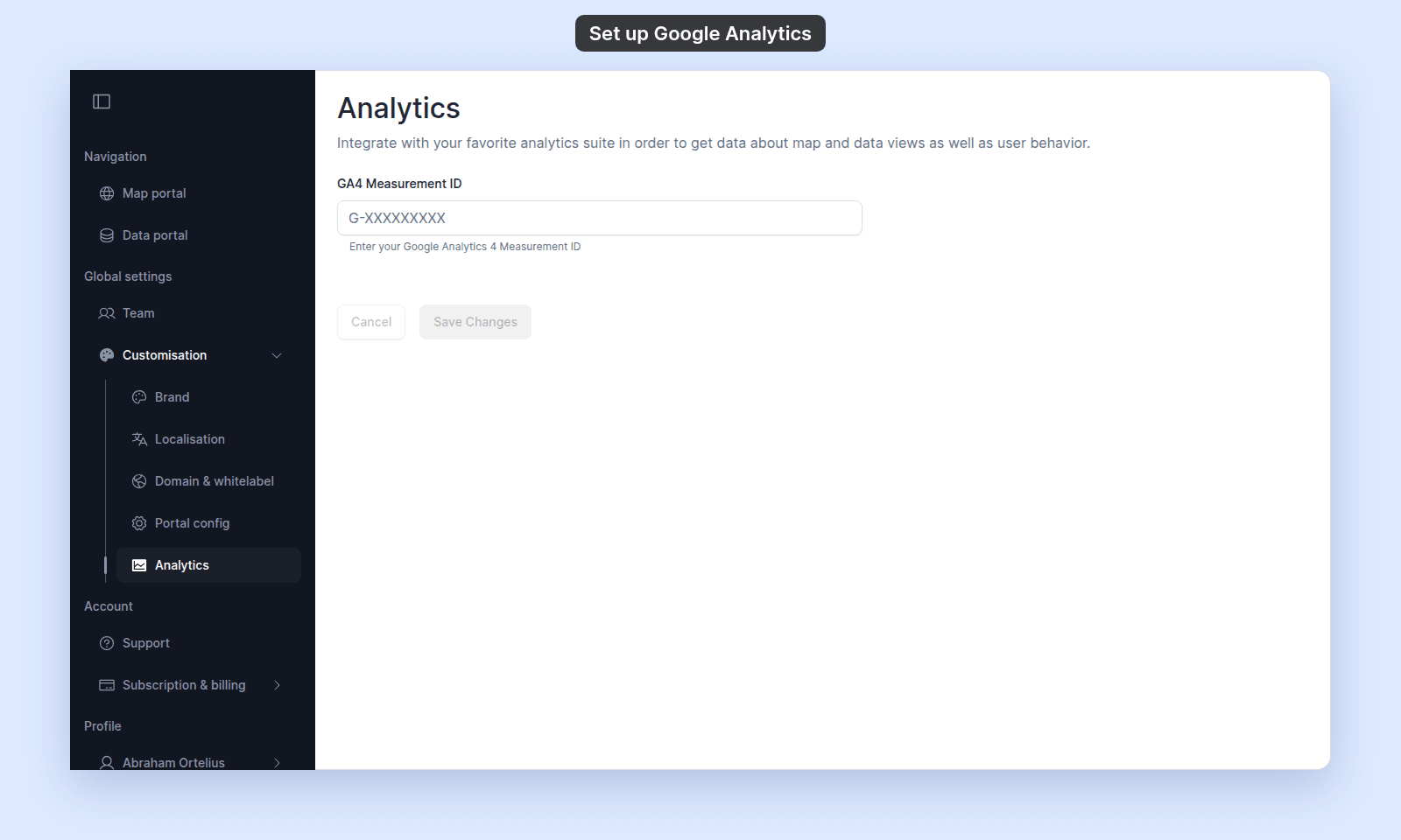 Analytics page with the GA4 Measurement ID field and the Cancel and Save Changes buttons