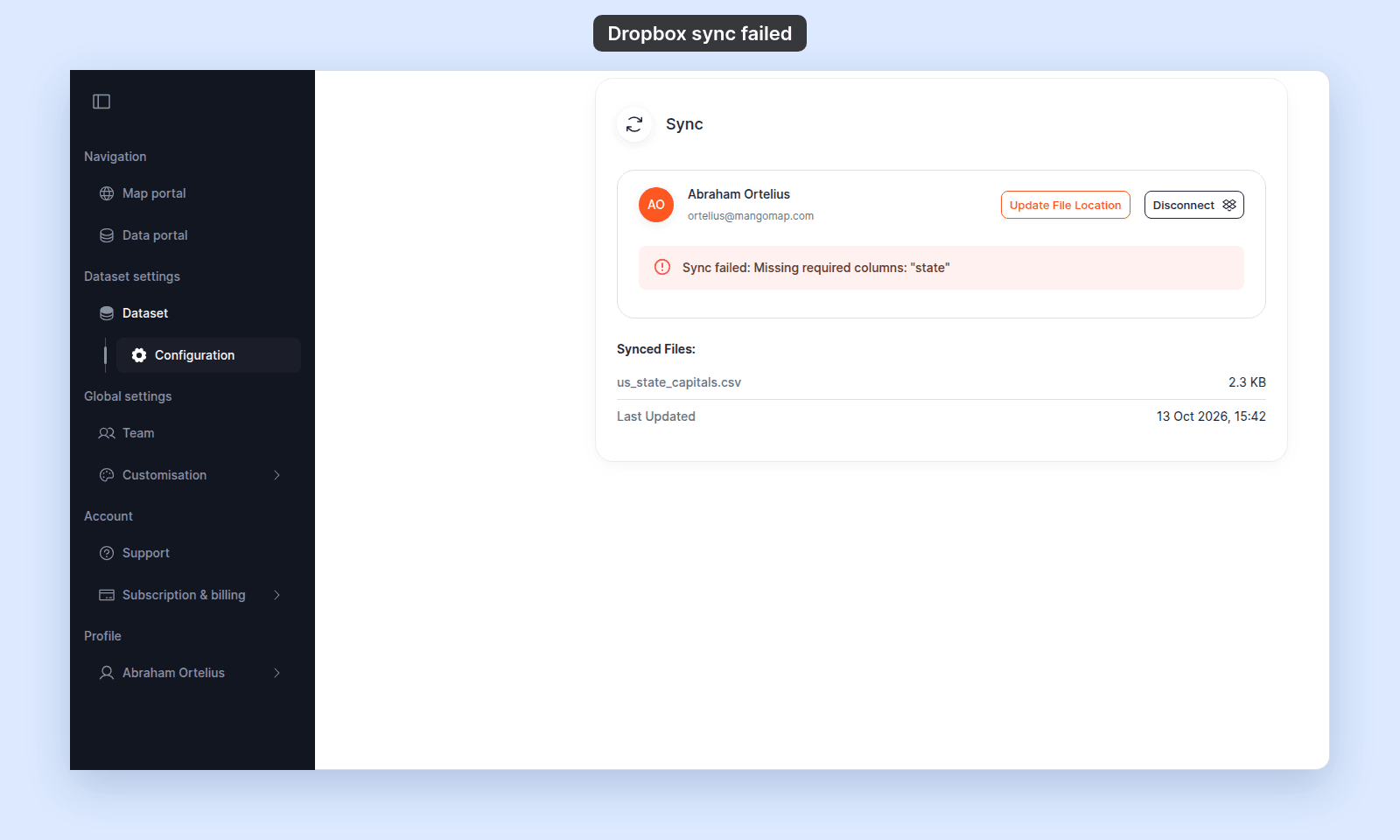 Sync section with the Dropbox account Abraham Ortelius, Update File Location and Disconnect buttons, the red alert Sync failed: Missing required columns: "state", and Synced Files listing us_state_capitals.csv and Last Updated