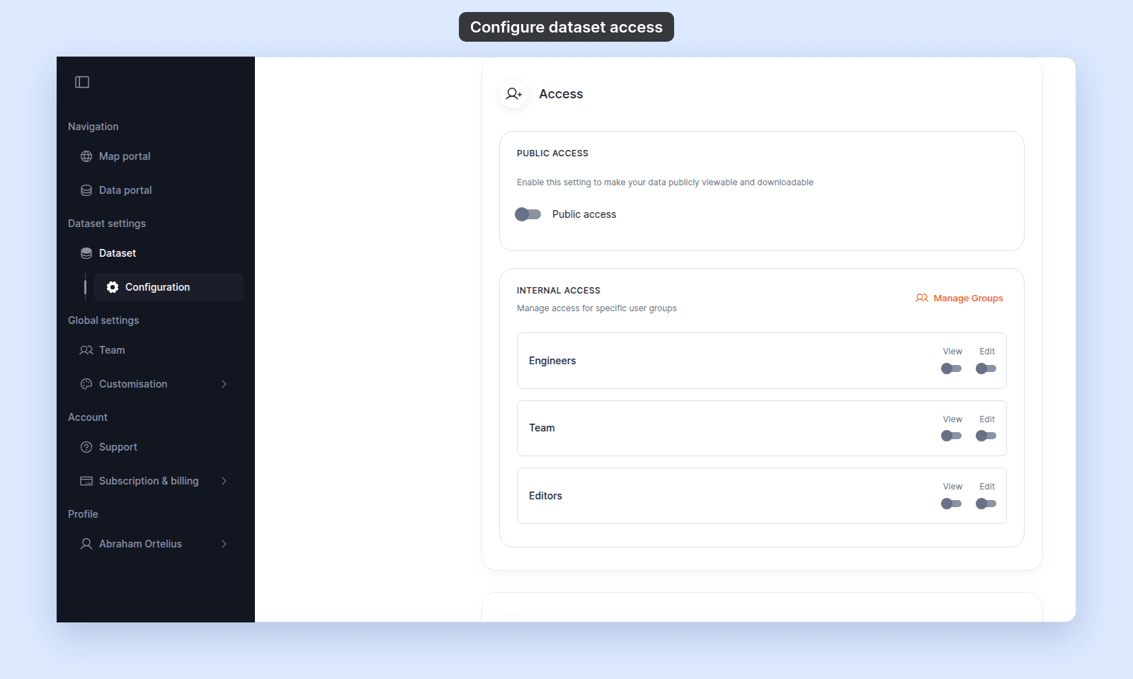 Access section of a private dataset, with Configuration selected under Dataset in the sidebar. Public Access: Public access switch off, no Public chip. Internal Access: Manage Groups, and the groups Engineers, Team, and Editors, each with View and Edit off