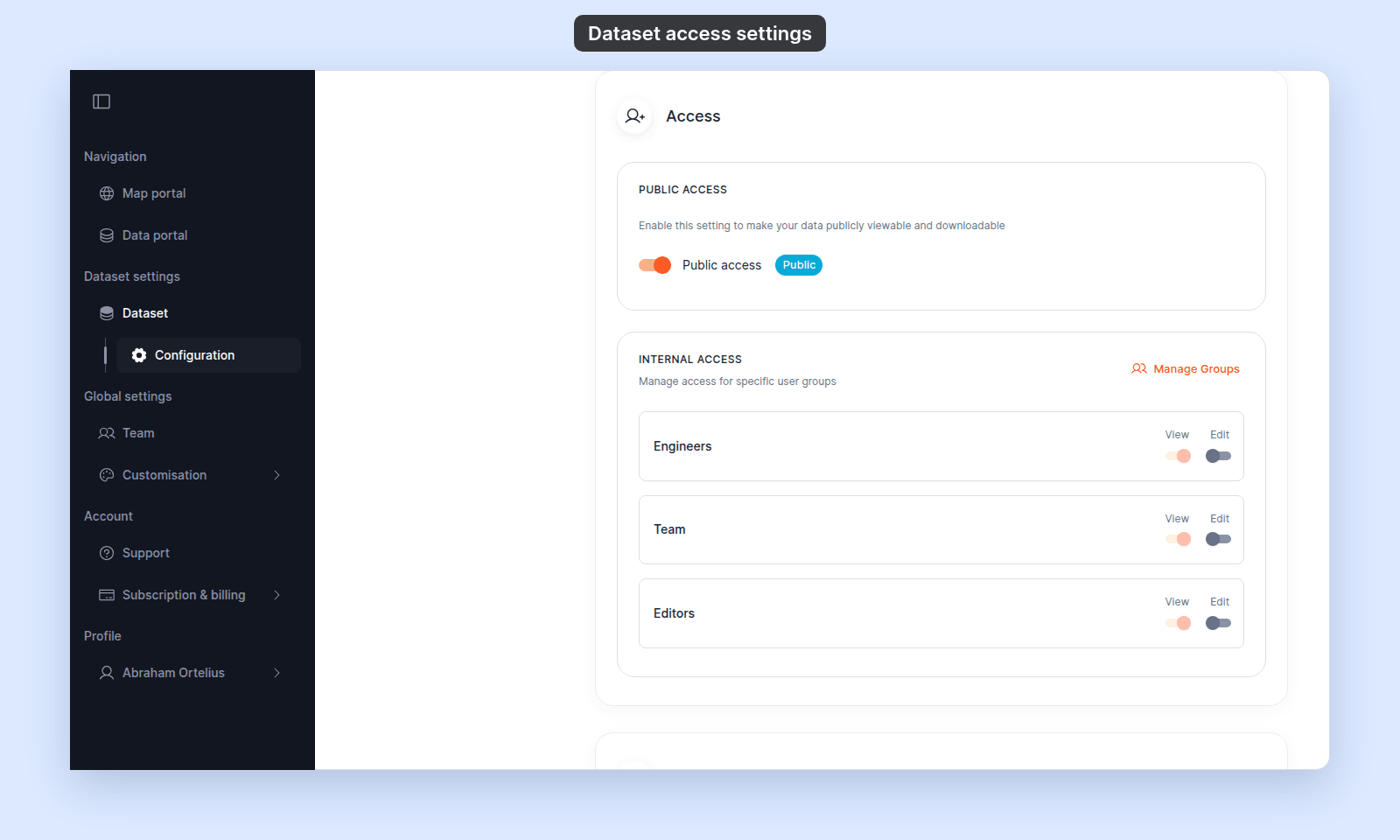 Access section of a dataset's Configuration page. Public Access: 'Enable this setting to make your data publicly viewable and downloadable', Public access switch on, Public chip. Internal Access: Manage Groups, and the groups Engineers, Team, and Editors, each with View on and greyed out and Edit off