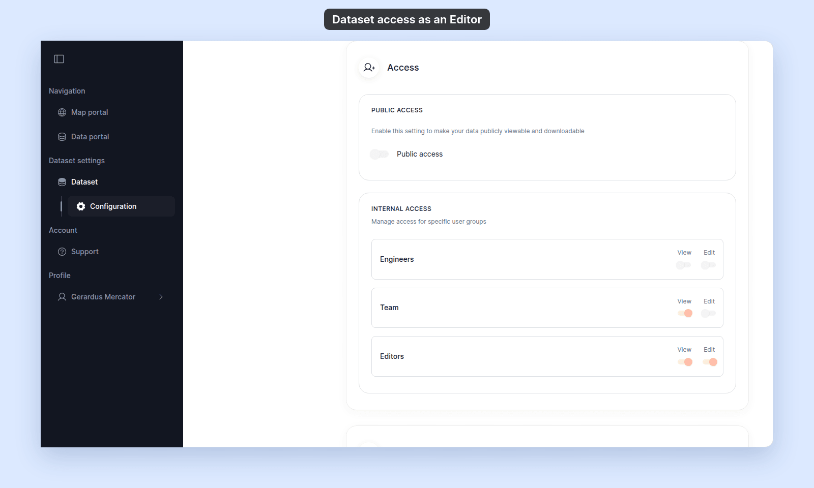 Access section of the Access Demo — Shared with Groups dataset signed in as Gerardus Mercator, an Editor: Public access and every group's View and Edit switch greyed out (Team View on, Editors View and Edit on), and no Manage Groups button