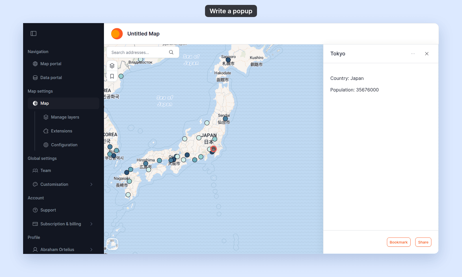 Map editor with the Tokyo popup showing Country: Japan and Population: 35676000, and Tokyo highlighted on a map of Japan