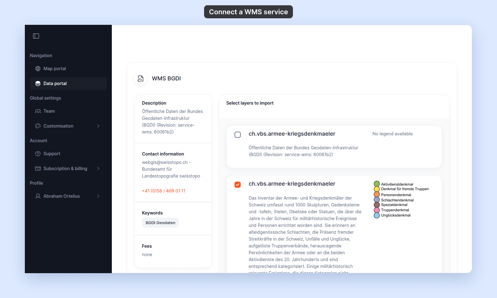 WMS BGDI service summary with Description, Contact information, Keywords, and Fees on the left, and a ticked ch.vbs.armee-kriegsdenkmaeler layer with its legend under Select layers to import
