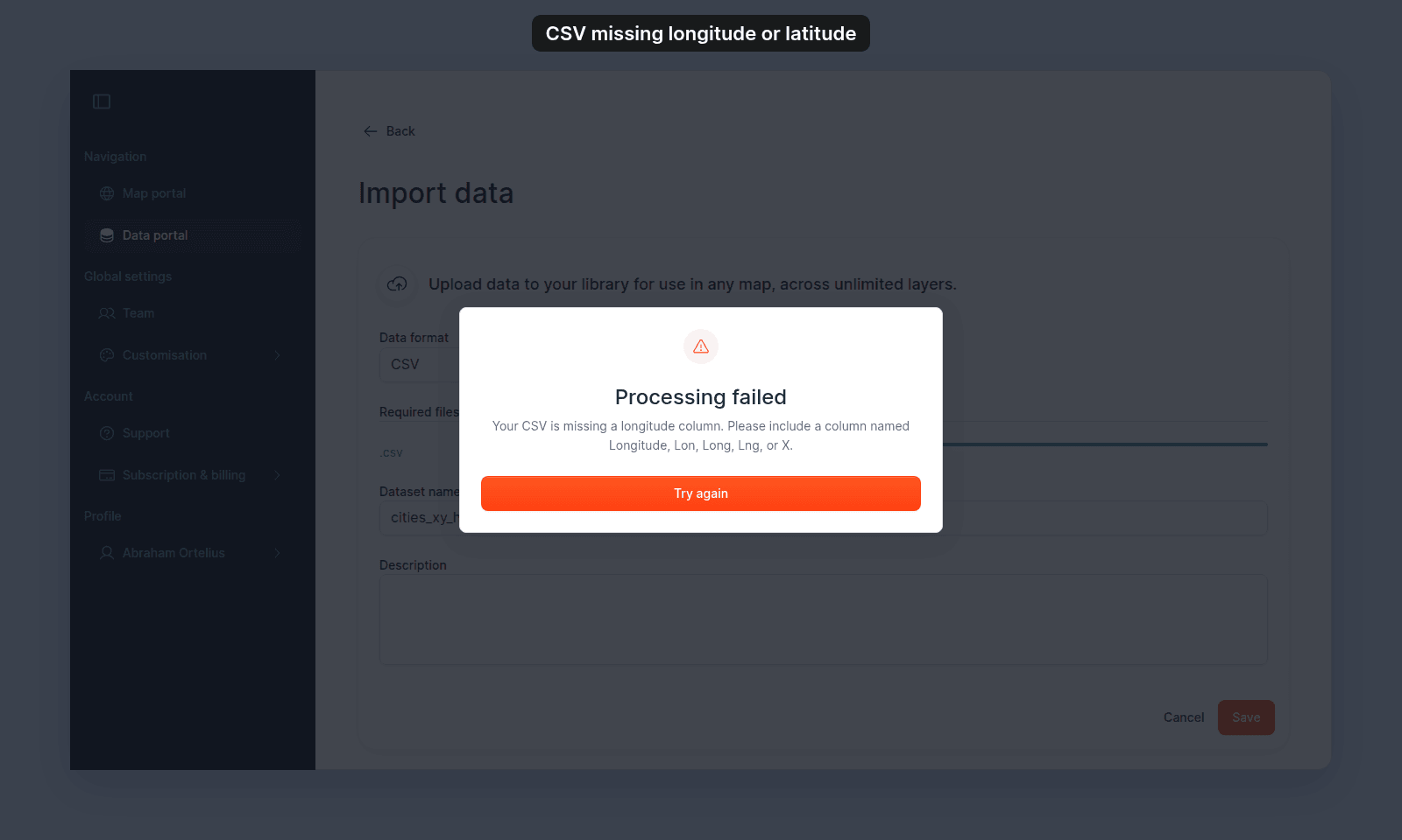 Processing failed dialog over the Import data page, with the missing-longitude message and a Try again button