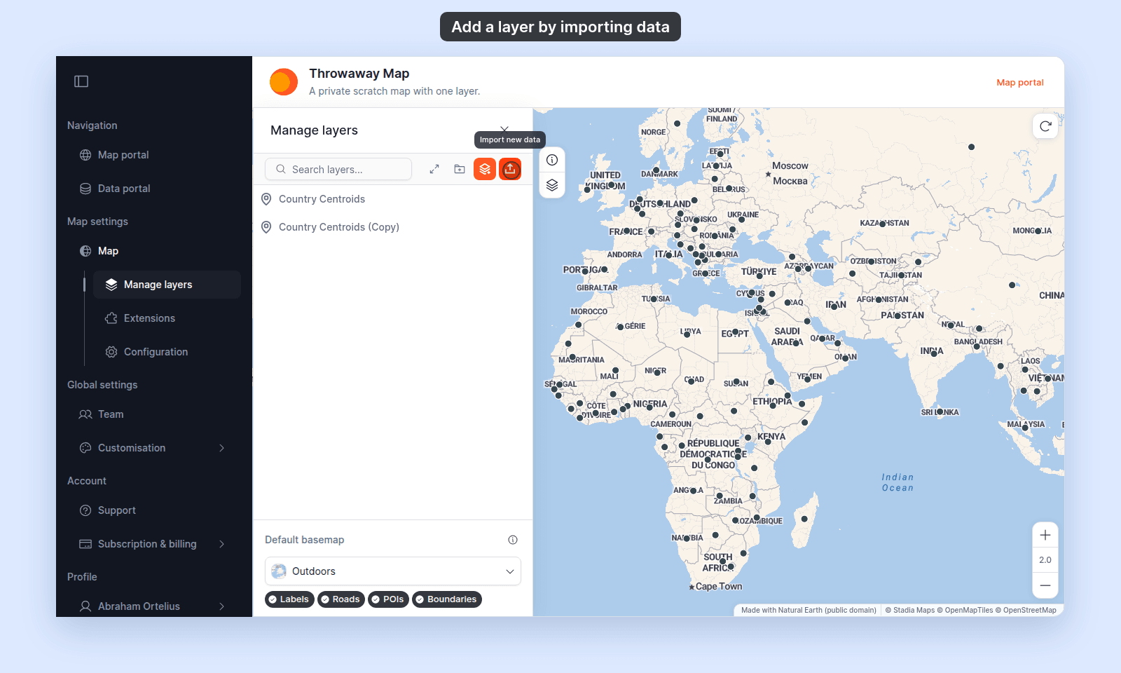 Manage layers panel of Throwaway Map with its layers, and the pointer on the upload icon in the control bar with its tooltip Import new data