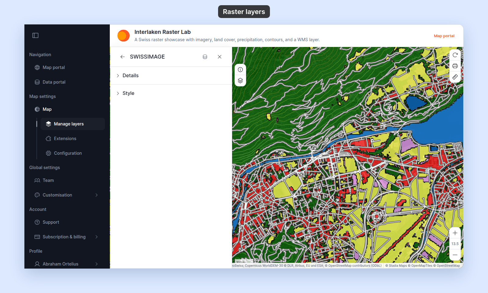 Settings of the SWISSIMAGE raster layer with only the Details and Style sections