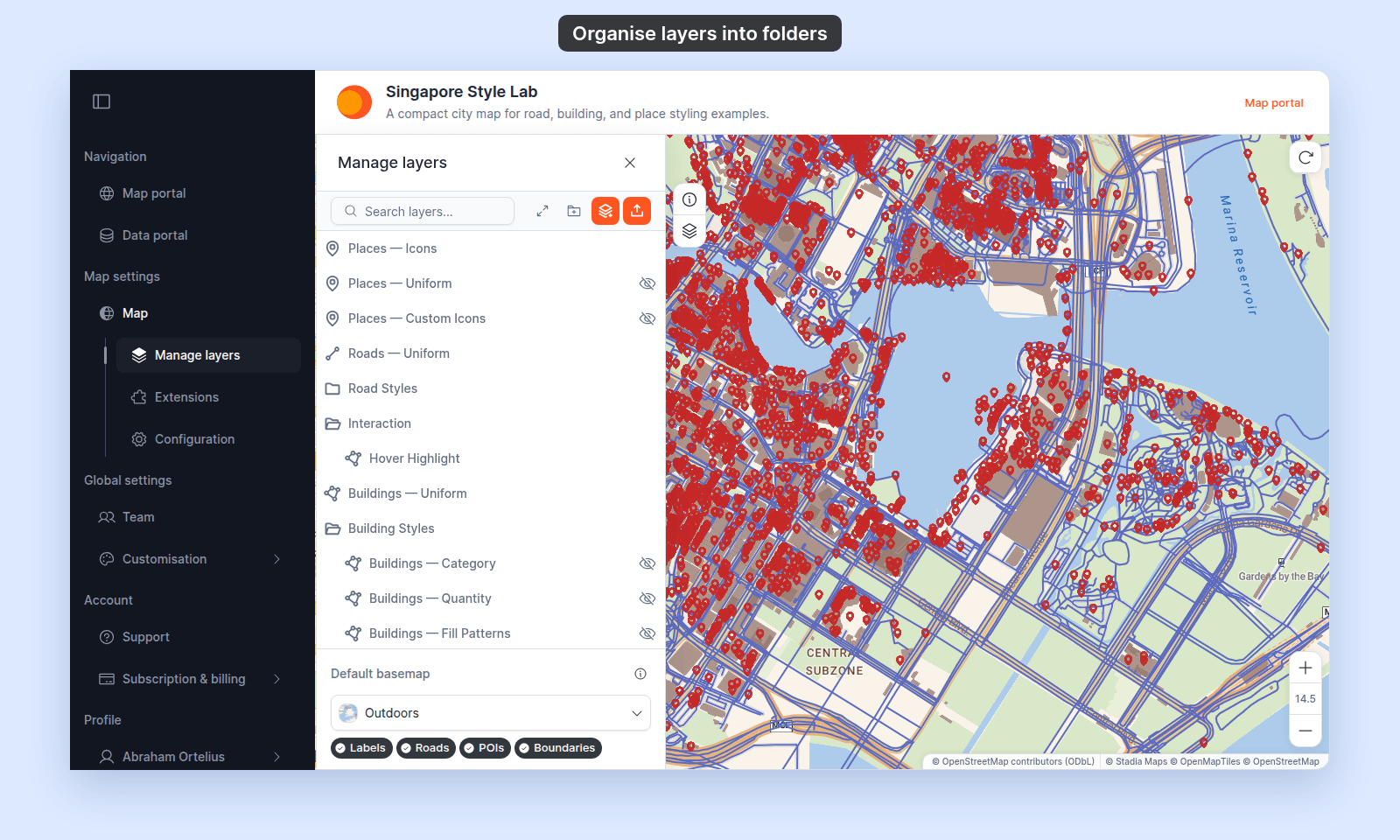 Manage layers panel on Singapore Style Lab: the Road Styles folder is collapsed, and the Interaction folder (Hover Highlight) and the Building Styles folder (Buildings — Category, Buildings — Quantity, Buildings — Fill Patterns) are expanded with their layers indented