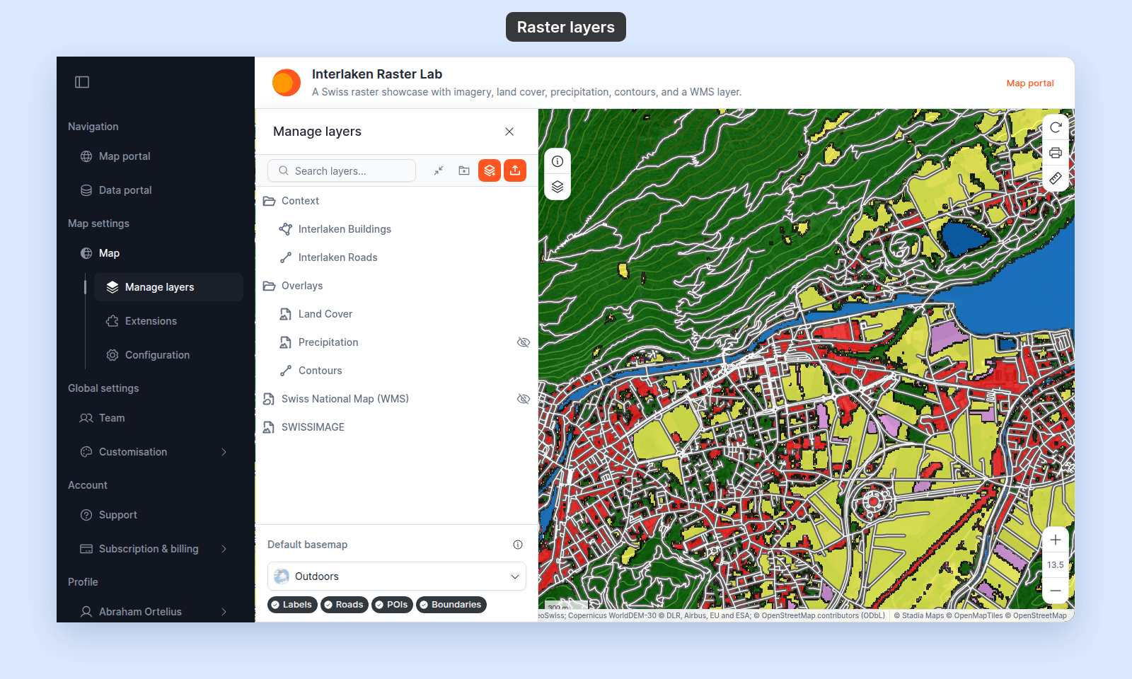 Manage layers panel listing Context (Interlaken Buildings, Interlaken Roads), Overlays (Land Cover, Precipitation, Contours), Swiss National Map (WMS), and SWISSIMAGE, beside the map where the land cover raster covers the contour lines and the roads draw on top