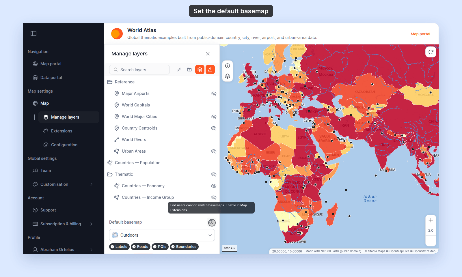 Default basemap information icon tooltip on World Atlas, which has the basemap chooser off: End users cannot switch basemaps. Enable in Map Extensions.