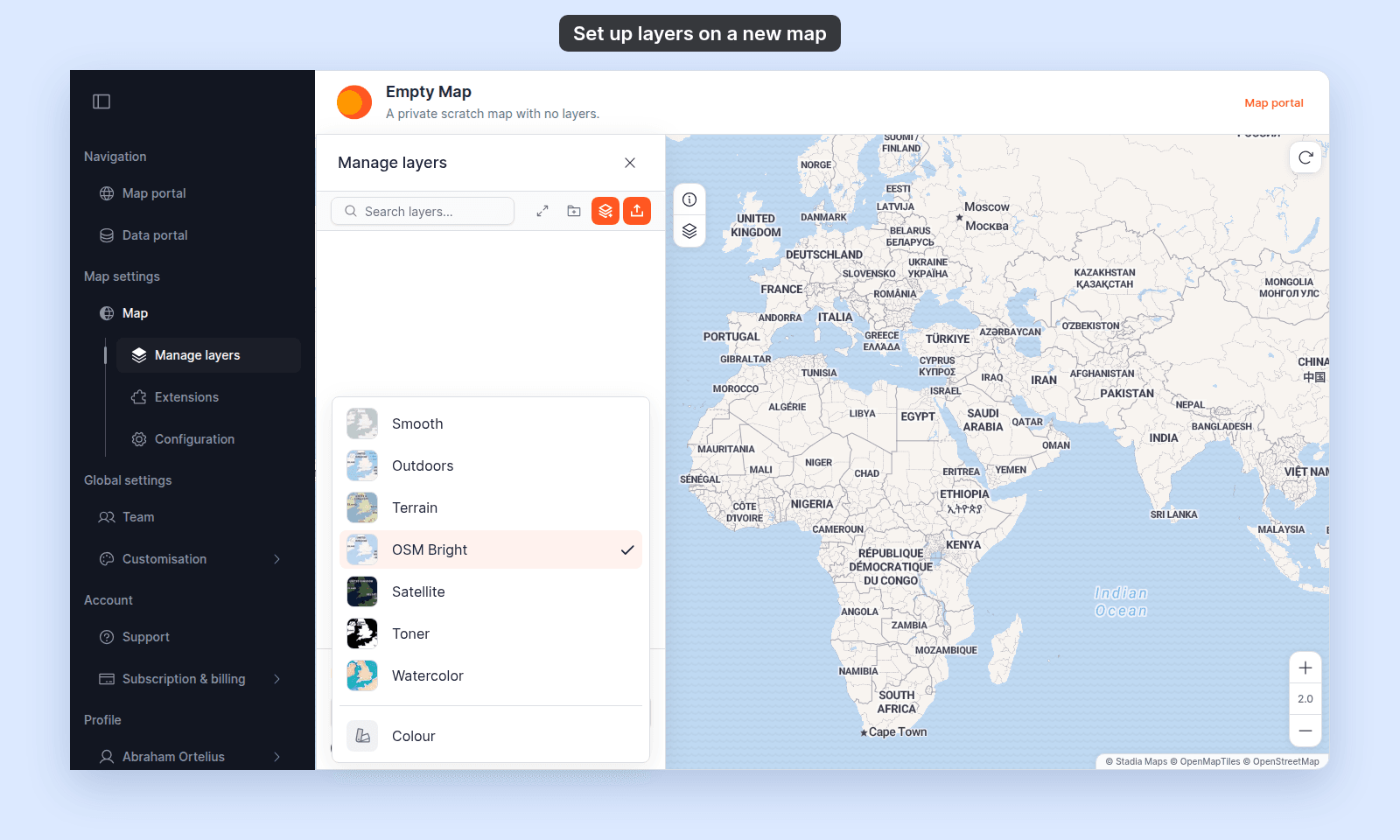 Default basemap list open at the foot of Manage layers, with Smooth, Outdoors, Terrain, OSM Bright (selected), Satellite, Toner, Watercolor, and Colour
