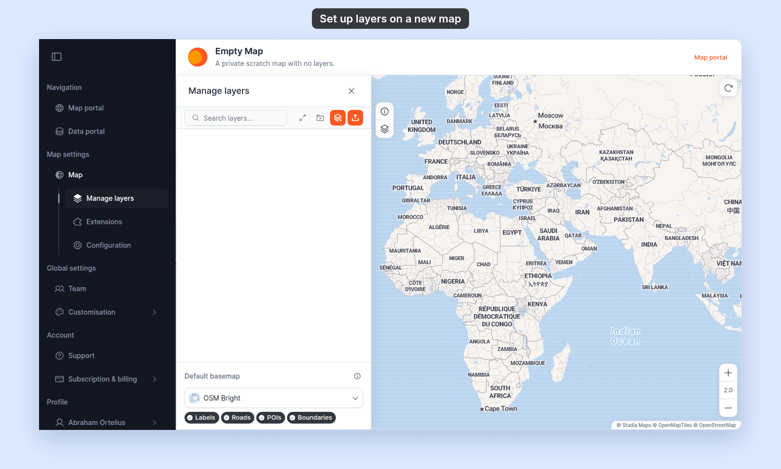 Manage layers panel of Empty Map with an empty layer list. The control bar has Search layers, expand, create folder, the stack-plus add layer icon, and the upload import icon; Default basemap OSM Bright with the Labels, Roads, POIs, and Boundaries chips is at the foot