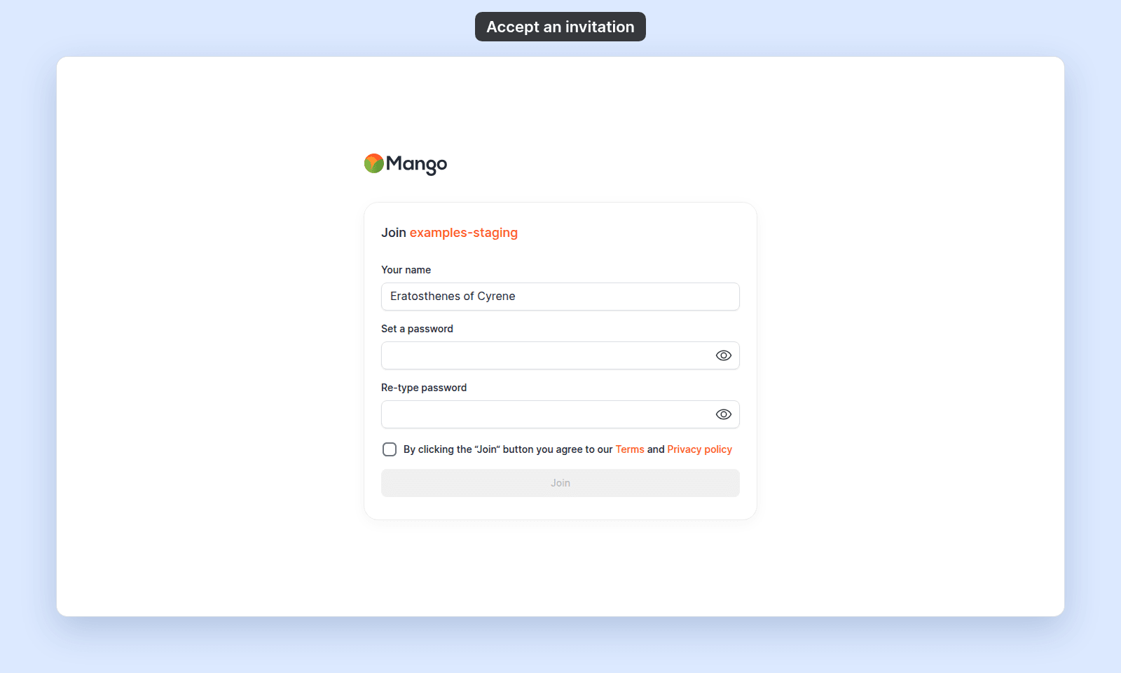 Join examples-staging page with Your name filled in as Eratosthenes of Cyrene, empty Set a password and Re-type password fields, the unticked checkbox By clicking the Join button you agree to our Terms and Privacy policy, and the disabled Join button