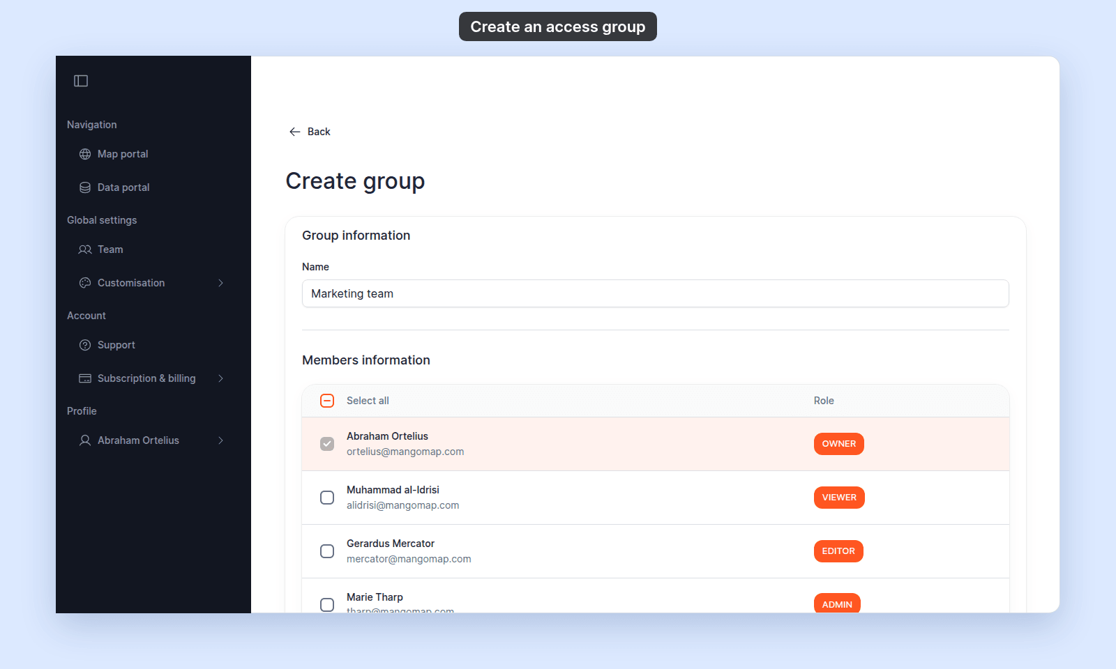 Create group form with Name set to Marketing team in Group information, and the Members information table with Select all, the owner row ticked and disabled, and each user's role chip