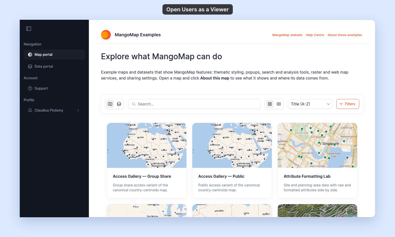 Map portal after a Viewer, Claudius Ptolemy, opens the Users page address: the navigation shows Navigation (Map portal, Data portal), Account (Support), and Profile, with no Global settings section and no Team item