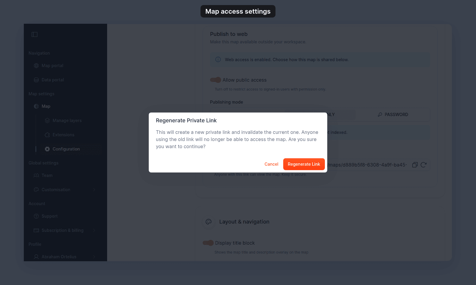 The Regenerate Private Link dialog over Publish to web, with Cancel and Regenerate Link buttons