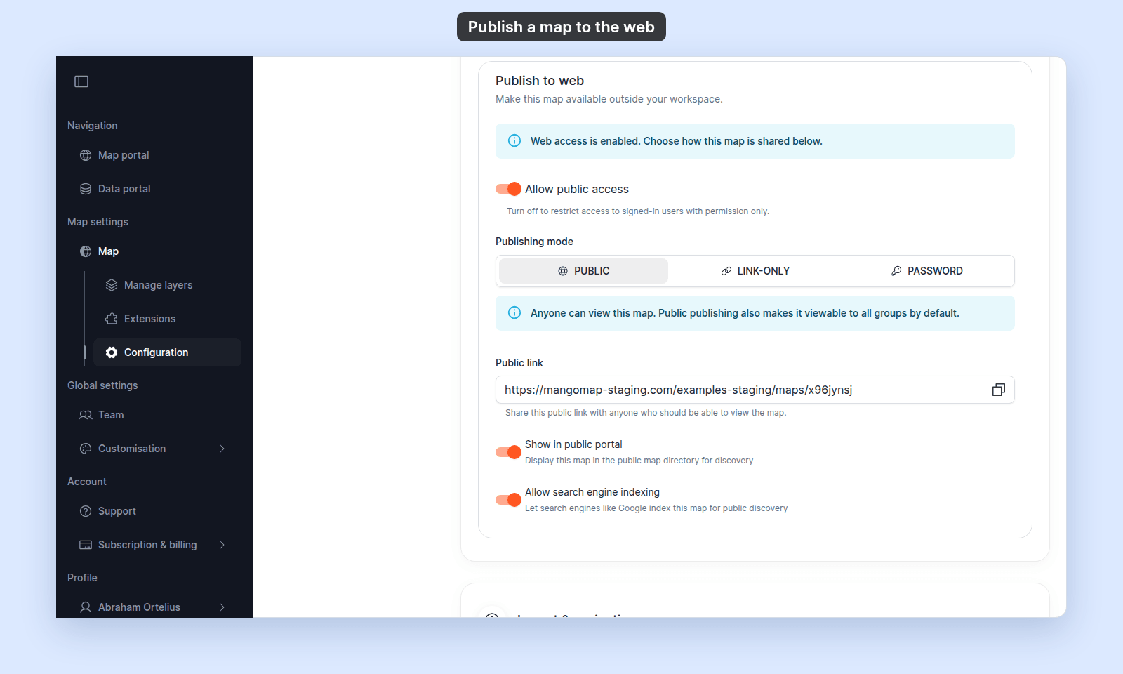 Publish to web card with Allow public access on, Publishing mode Public, the Public link, and Show in public portal and Allow search engine indexing both on