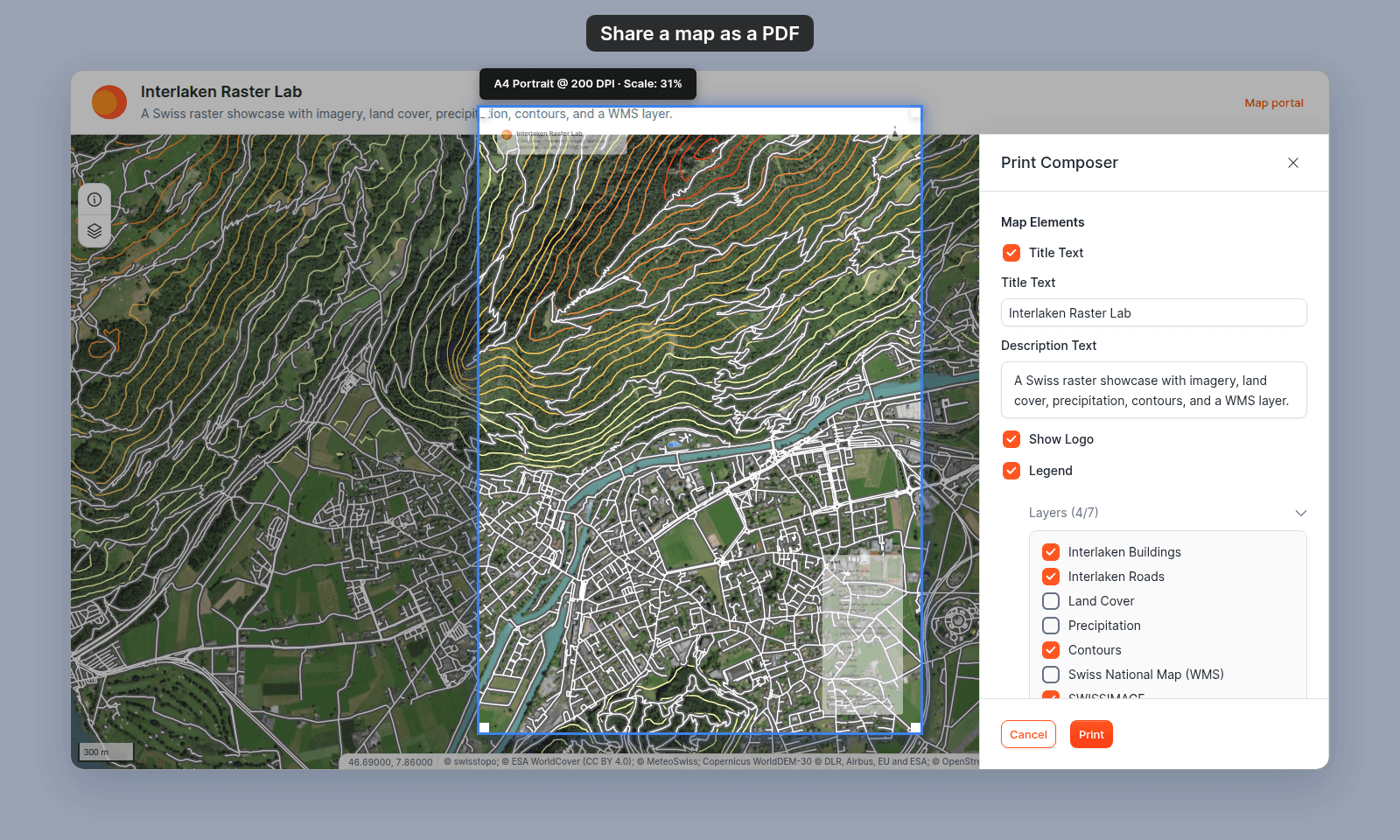The Print Composer open on a map, with Map Elements (Title Text, Description Text, Show Logo, Legend and its Layers list), Cancel and Print buttons, and the A4 Portrait page frame on the map