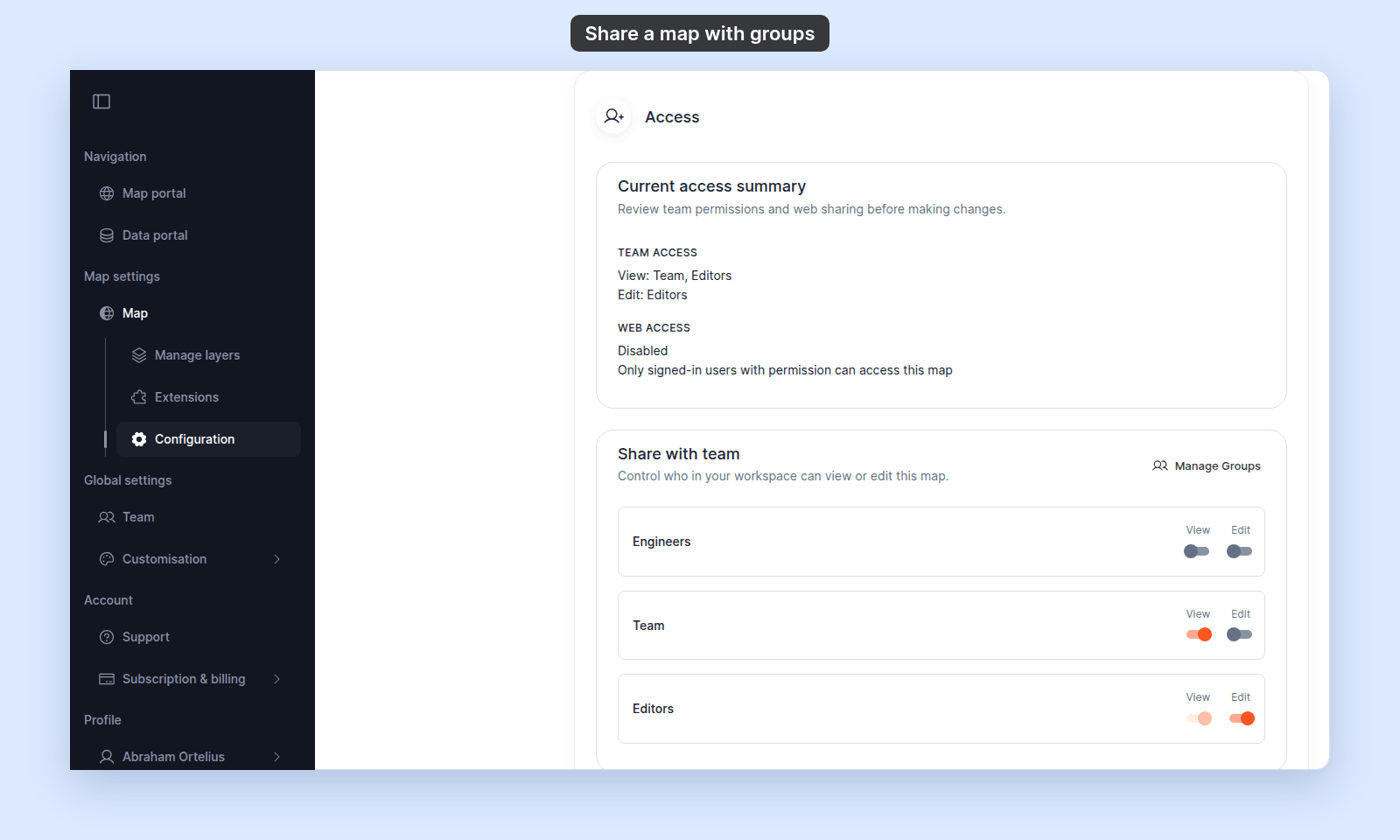 The Access section with Current access summary showing Team access View: Team, Editors and Edit: Editors, Web access Disabled, and Share with team below it with View on for Team and Edit on for Editors