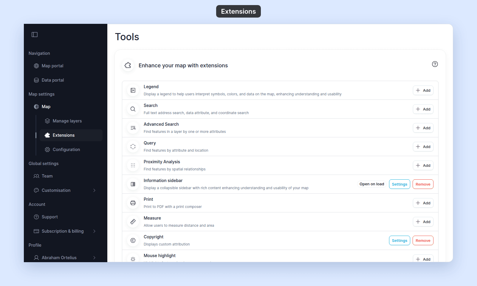 Extensions card grid with the vertical stack of tool rows