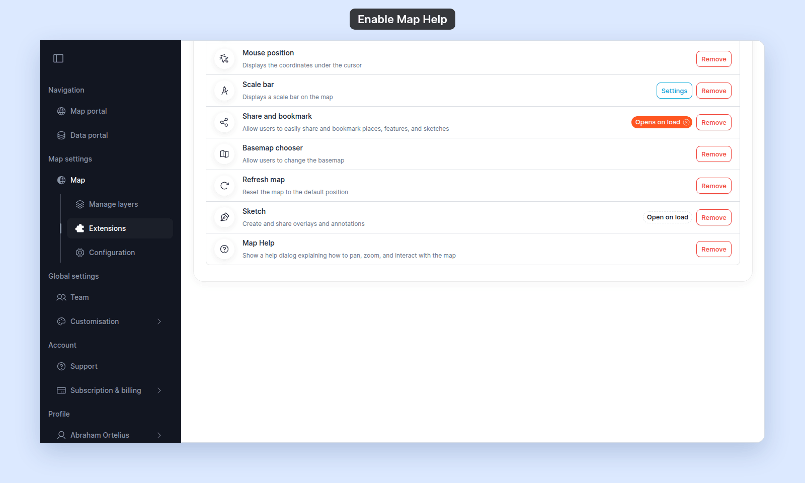 Extensions page with the Map Help row at the bottom of the list, showing its Remove button