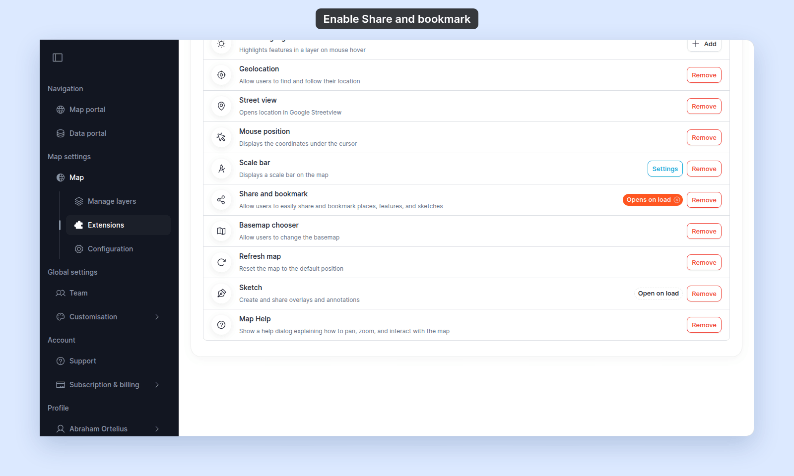 Extensions page with the Share and bookmark row showing the filled Opens on load chip and its Remove button