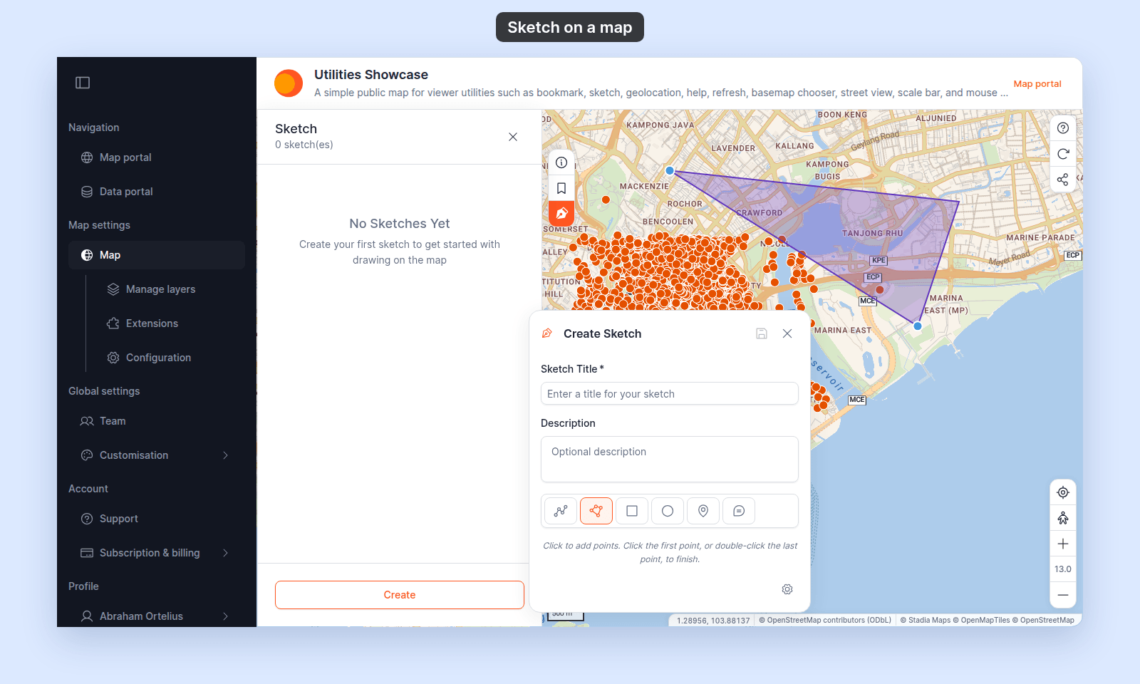 Sketch panel with the Create Sketch box open, the Shape tool picked, and the hint Click to add points. Click the first point, or double-click the last point, to finish., beside a half-drawn shape on the map