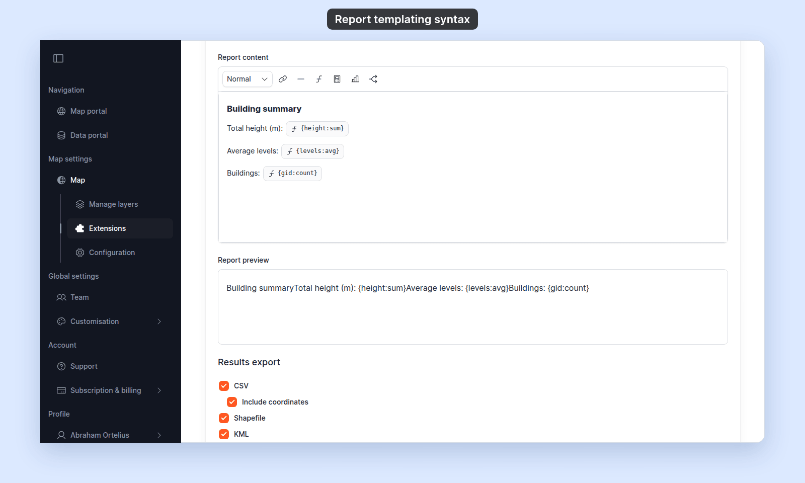 Report content editor of a query with its toolbar and three aggregate variables, {height:sum}, {levels:avg}, and {gid:count}, under the heading Building summary; below it, Report preview shows the same text and placeholders run together on one line, with no heading style