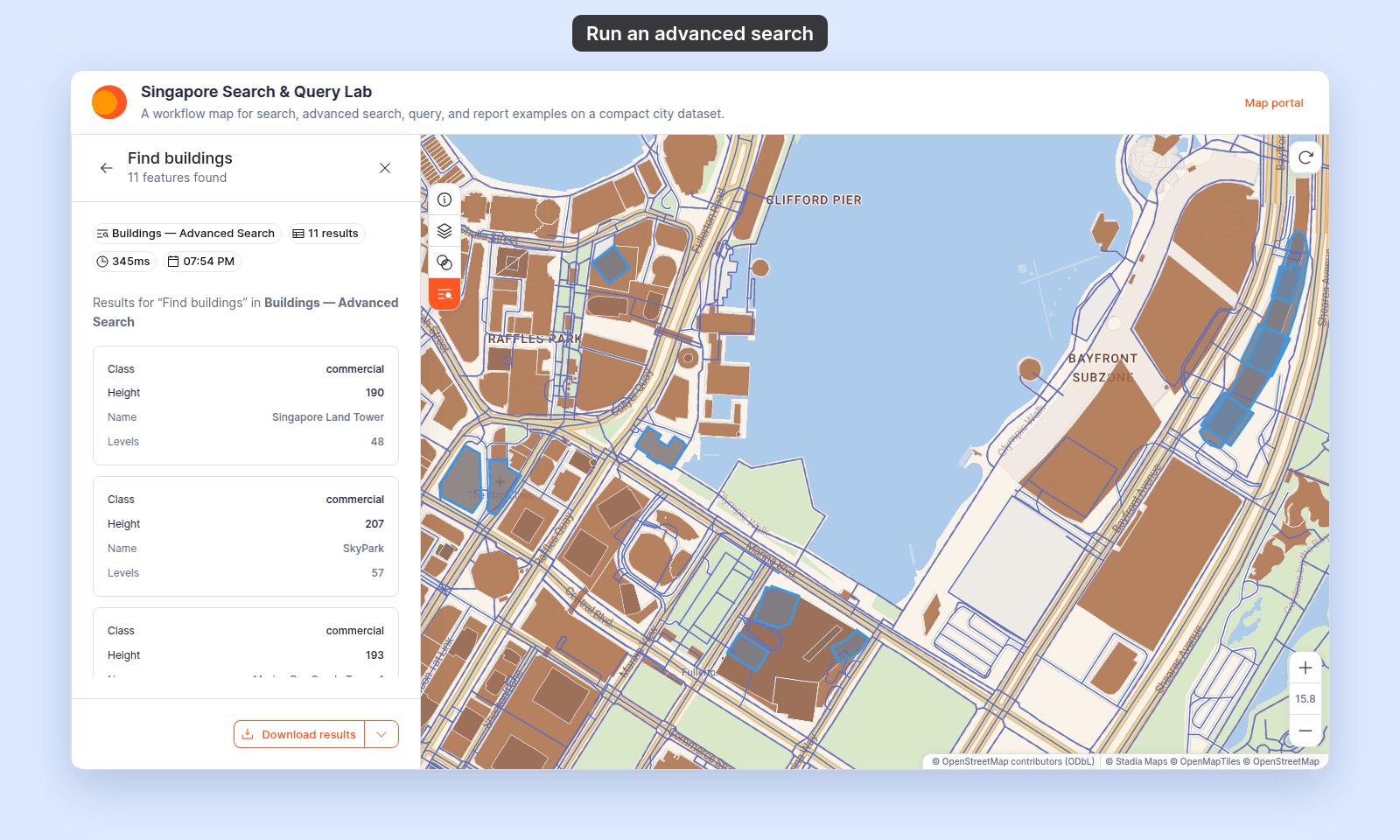 Find buildings panel in the viewer after a search: 11 features found in Buildings — Advanced Search, result cards with Class, Height, Name, and Levels, a Download results button, and the matching buildings highlighted on the map
