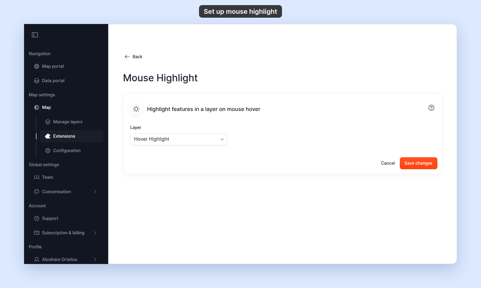 Mouse highlight settings page with the Layer dropdown and Save changes button