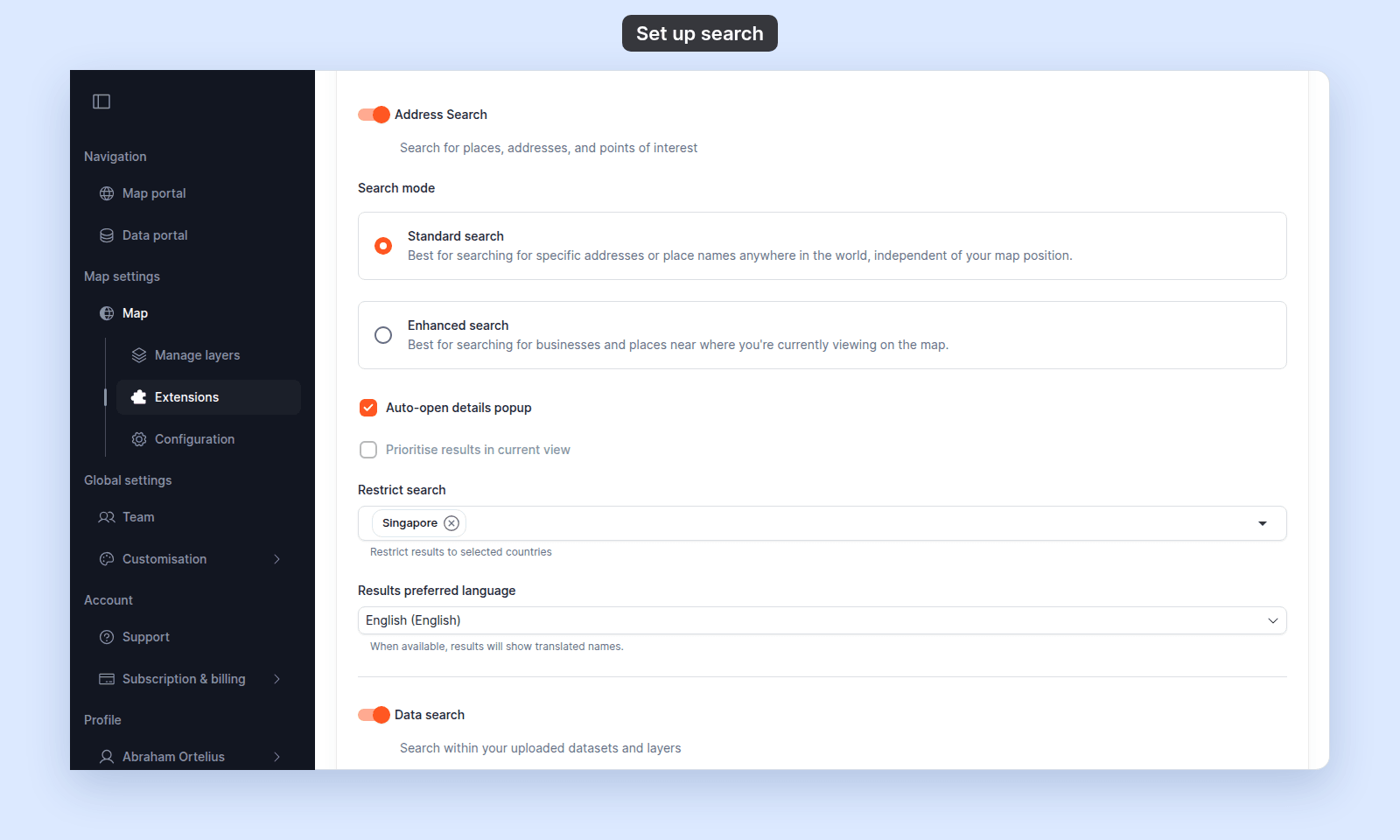 Address search settings with search mode, toggles, restrict, and language