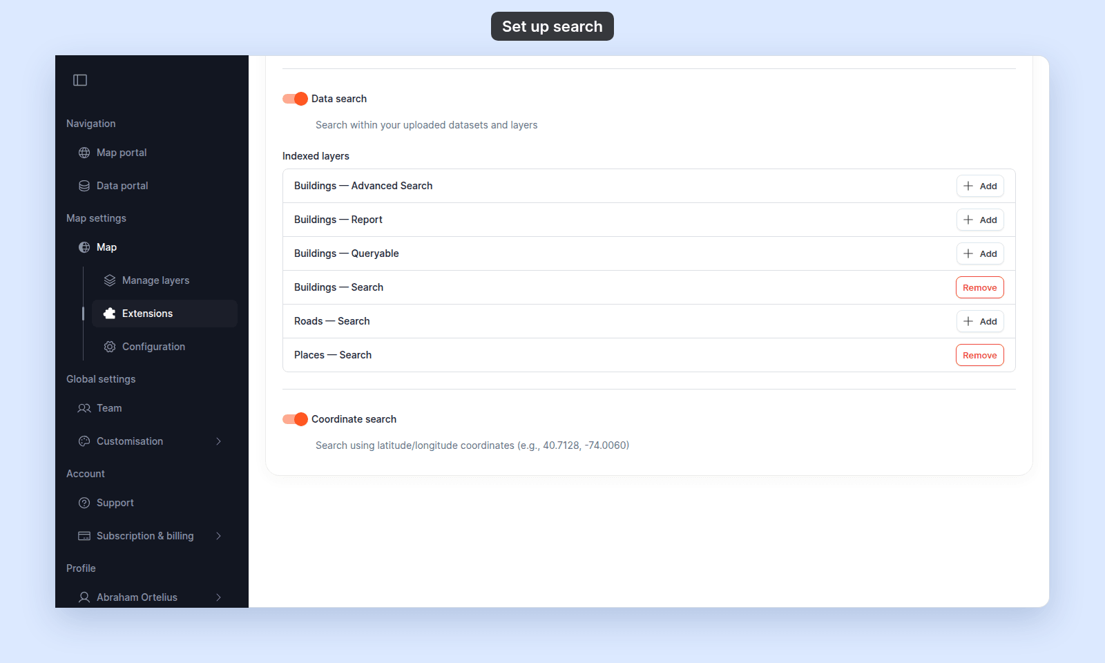 Data search switched on with its Indexed layers list: Buildings — Search and Places — Search show Remove (indexed), and the other layers show Add; Coordinate search is switched on below