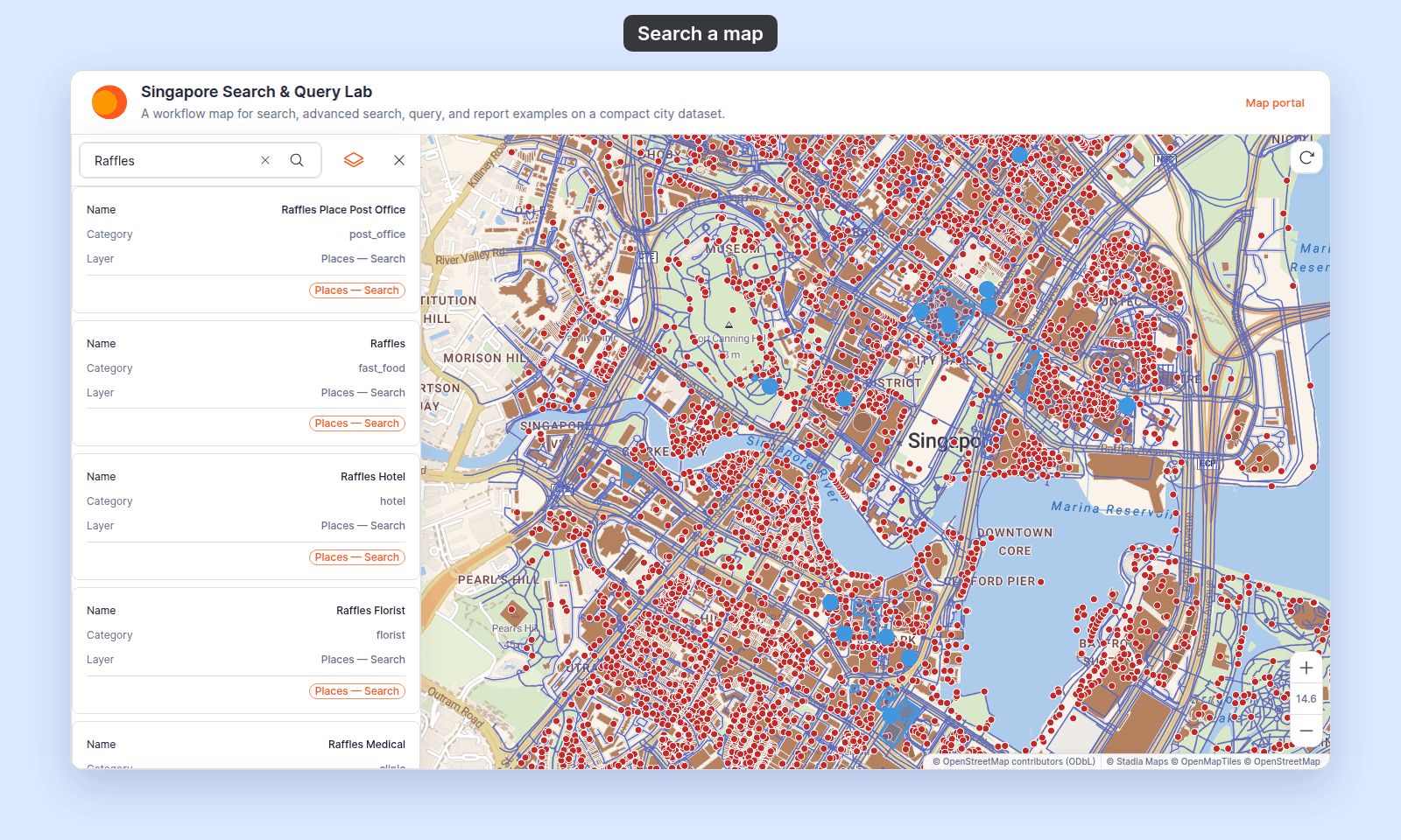 Data search for Raffles in the viewer: the results list shows Raffles Place Post Office, Raffles, Raffles Hotel, and Raffles Florist with Name, Category, and Layer Places — Search, and the matches are highlighted in blue on the map