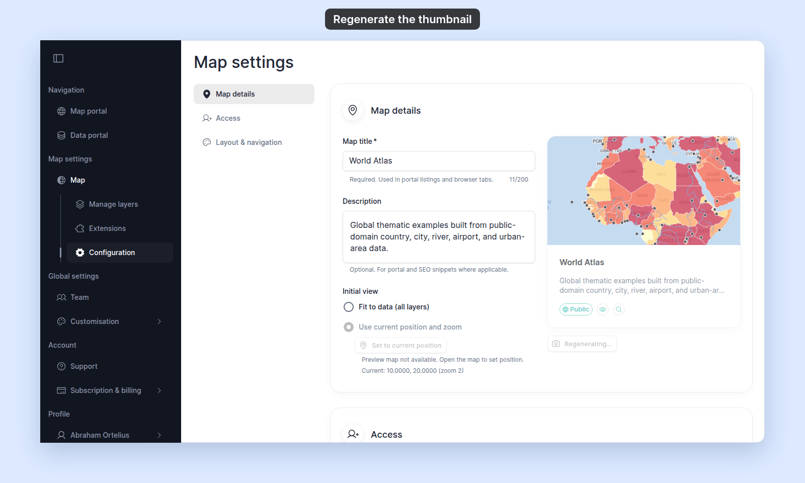 Map details section with the World Atlas preview card dimmed and the button below it showing Regenerating...