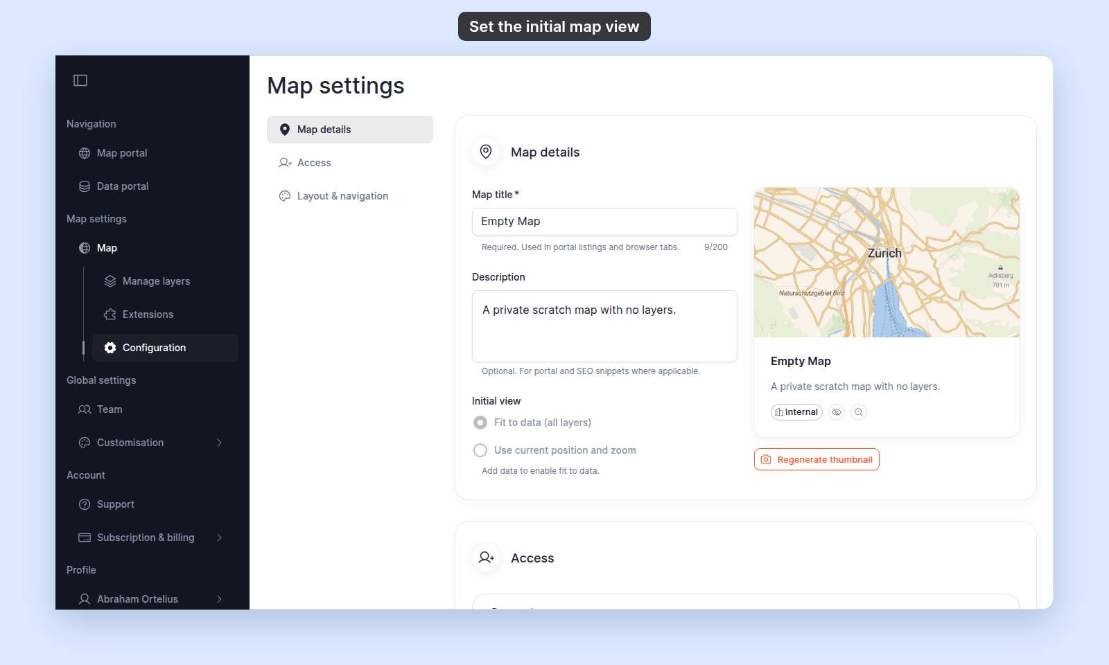 Initial view on the Configuration page of a map with no layers: Fit to data (all layers) and Use current position and zoom are greyed out, with the message Add data to enable fit to data.