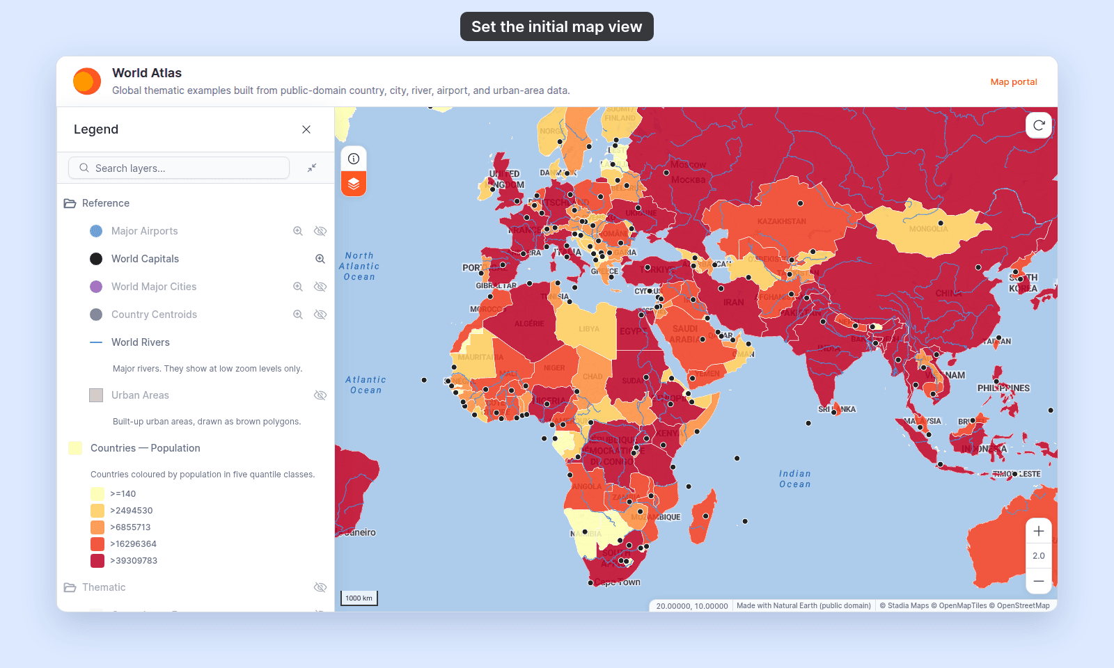 World Atlas as a visitor sees it when it opens, centred on Africa and Eurasia at zoom 2, with the Legend panel open