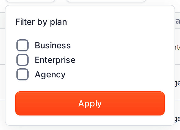 Plan filter popover with Business, Enterprise, and Agency options