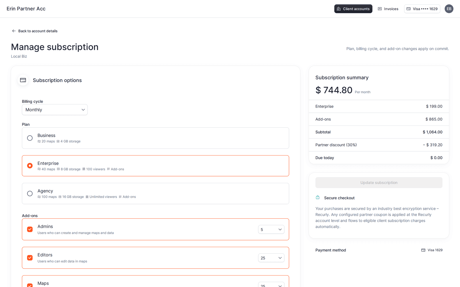 Subscription page for a paid account: plan, billing cycle, add-ons, and the summary with Update subscription