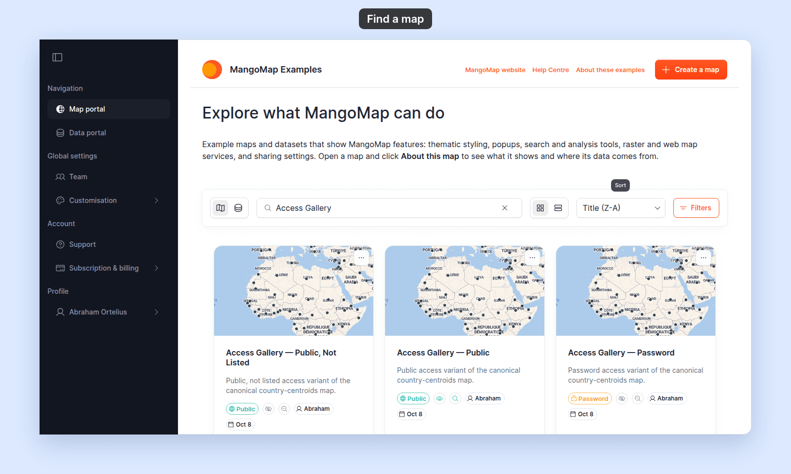 Signed-in Maps portal searched for Access Gallery and sorted Title (Z-A). Each map card shows a Public or Password access badge, eye and magnifier visibility icons (the not-listed map shows a crossed-out eye), a creator chip Abraham, and an updated chip Oct 8.