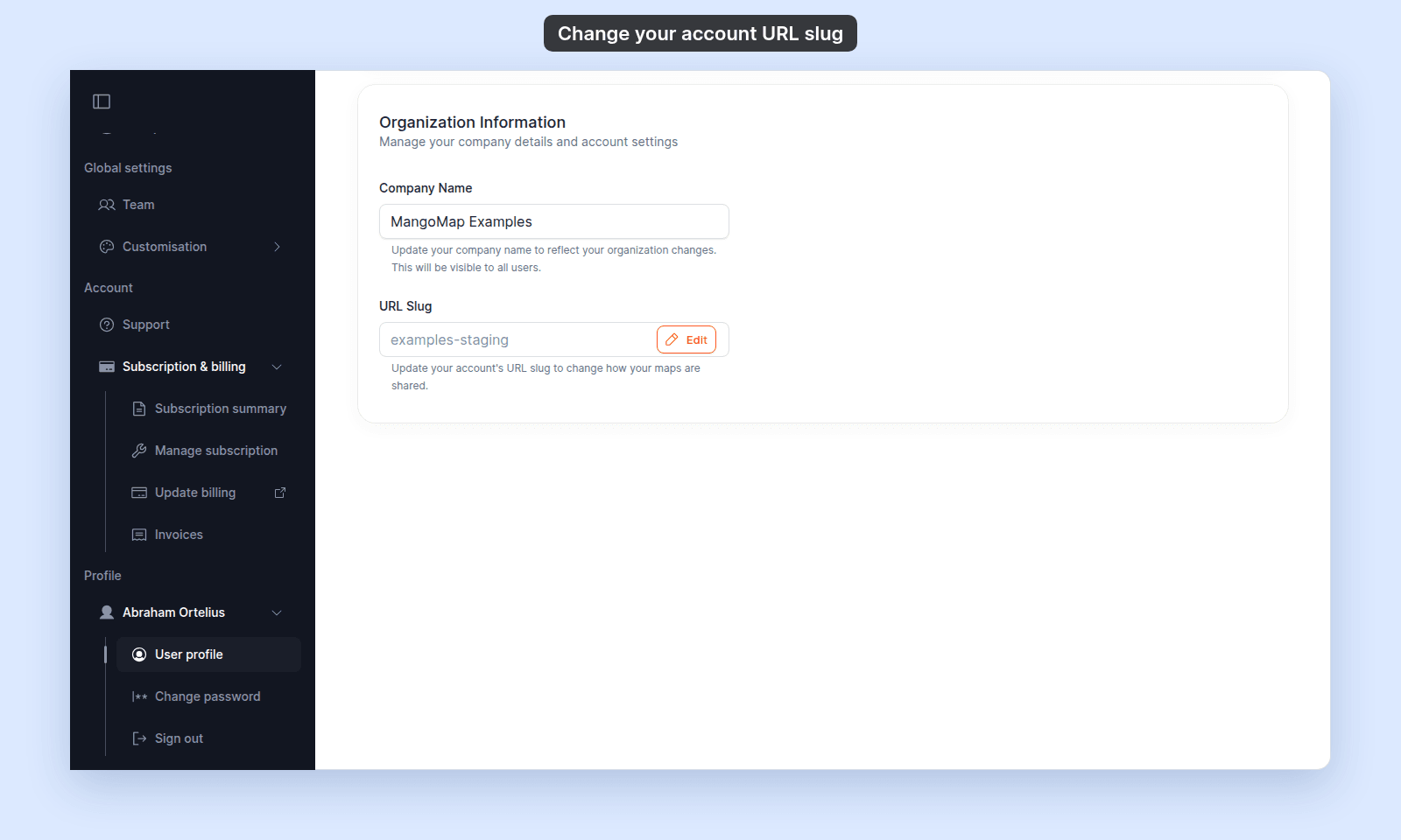 User Profile page scrolled to the Organization Information card, showing Company Name and the read-only URL Slug field with its Edit button