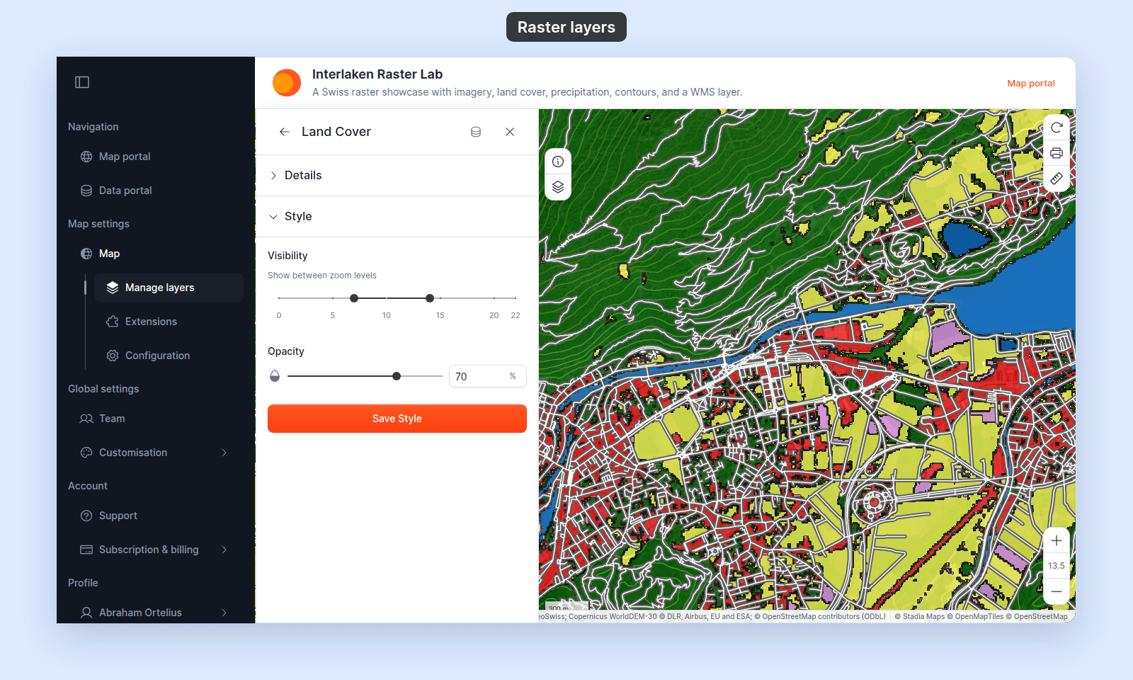 Style section of the Land Cover raster layer with the Visibility zoom range, Opacity set to 70%, and Save Style, beside the map where land cover colours lie over aerial imagery and road lines