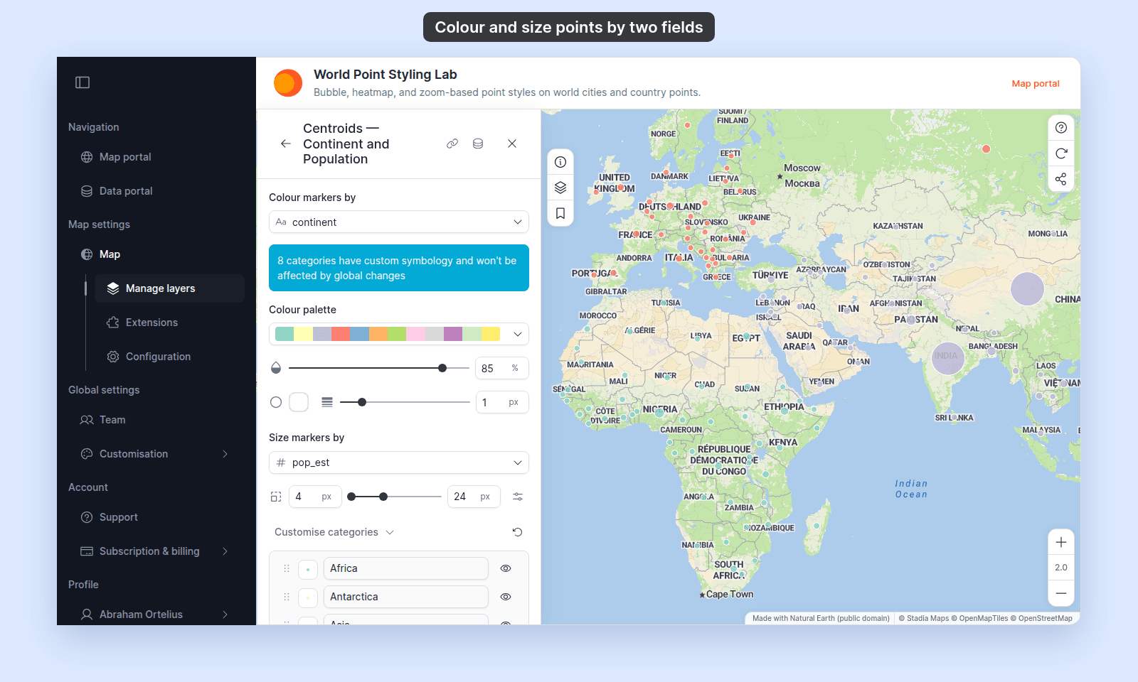 Style section of the Centroids — Continent and Population layer with Marker type Circle, Colour markers by set to continent with a Colour palette and eight category rows, and Size markers by set to pop_est with Minimum size 4 px and Maximum size 24 px