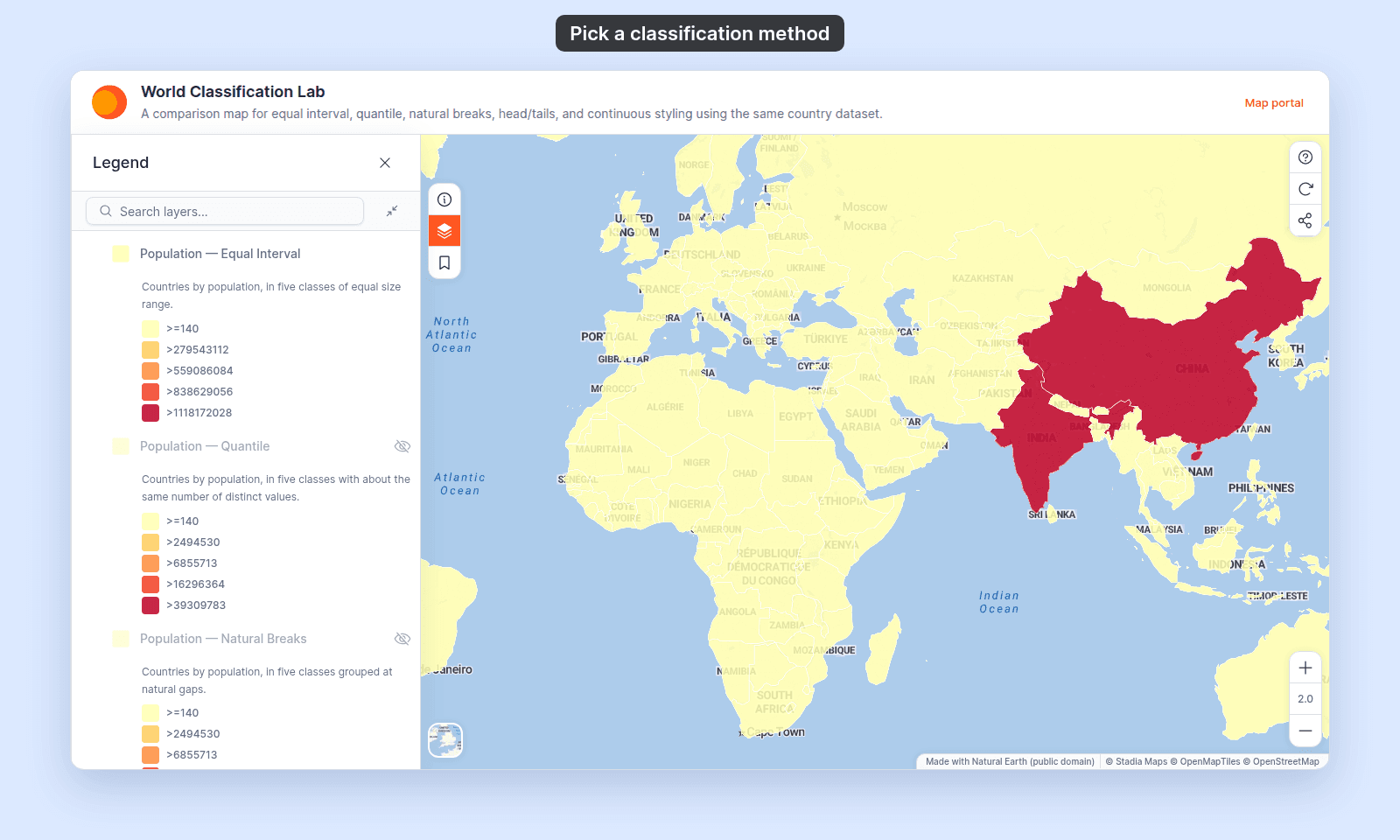 World Classification Lab with Population — Equal Interval shown: almost every country is the palest yellow and only China and India are dark red; the legend lists the classes >=140, >279543112, >559086084, >838629056, and >1118172028