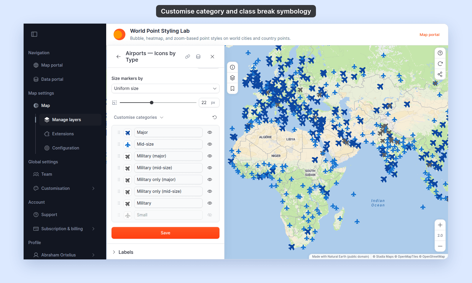 Customise categories on the Airports — Icons by Type point layer: rows Major, Mid-size, and five Military rows, each with an airplane icon swatch in blue or grey, a Label box, an eye icon, and the Small row with its eye icon closed