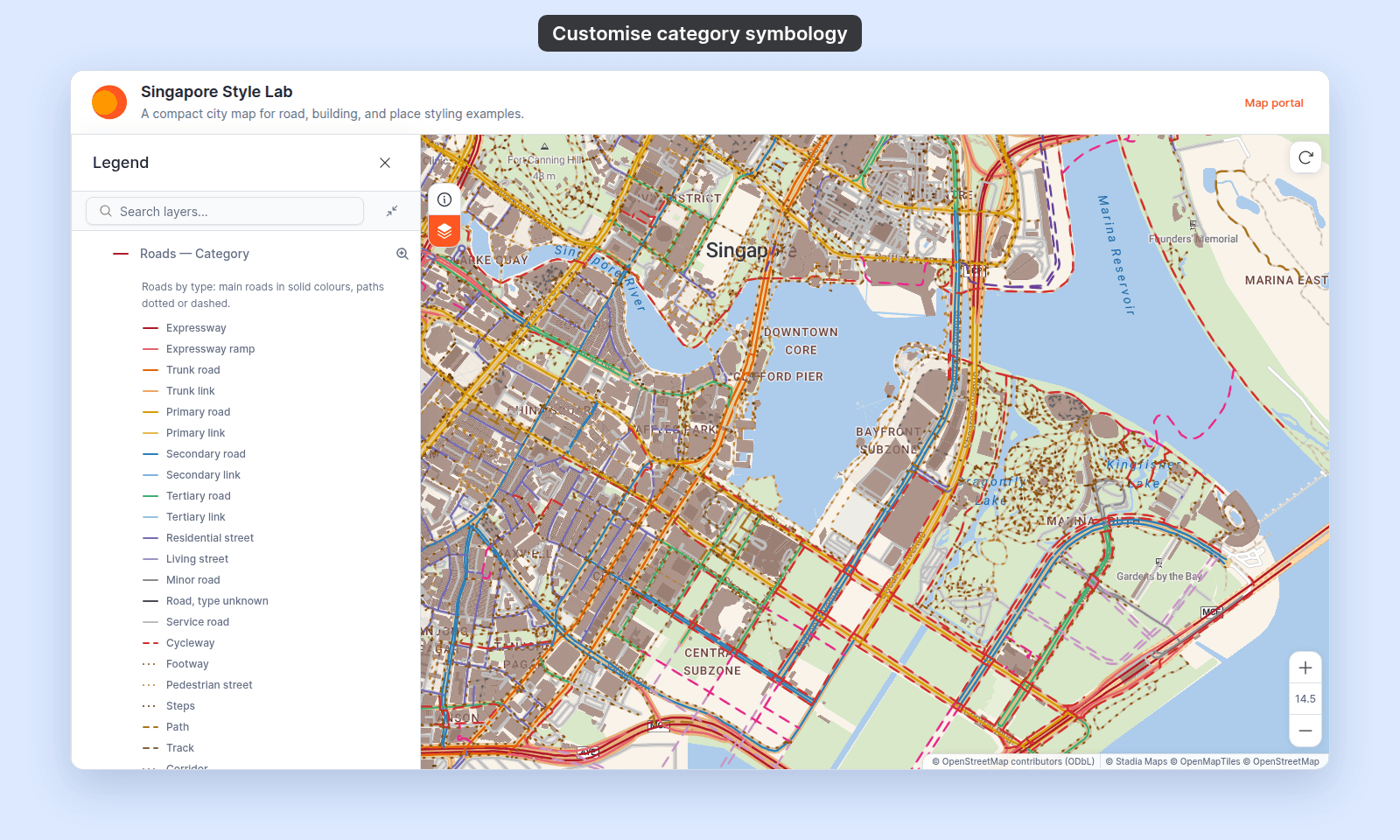 The map viewer after saving Roads — Category: the legend shows the renamed labels Expressway and Expressway ramp at the top, and Cycleway with a red dashed swatch; the cycleways show as red dashed lines on the map