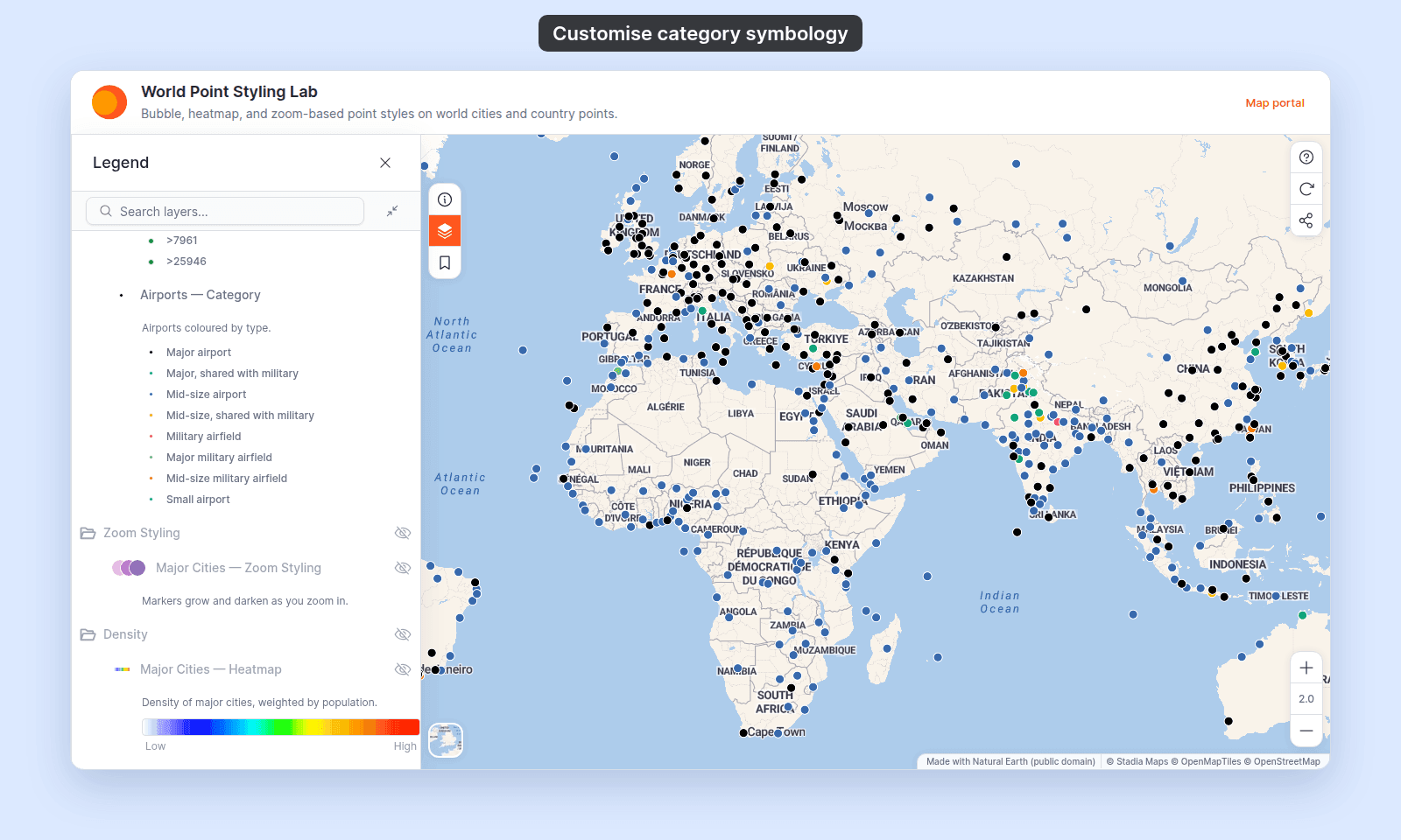 The map viewer after saving Airports — Category: the legend shows readable labels such as Major airport, Mid-size airport, and Small airport, and the major airports show in black on the map