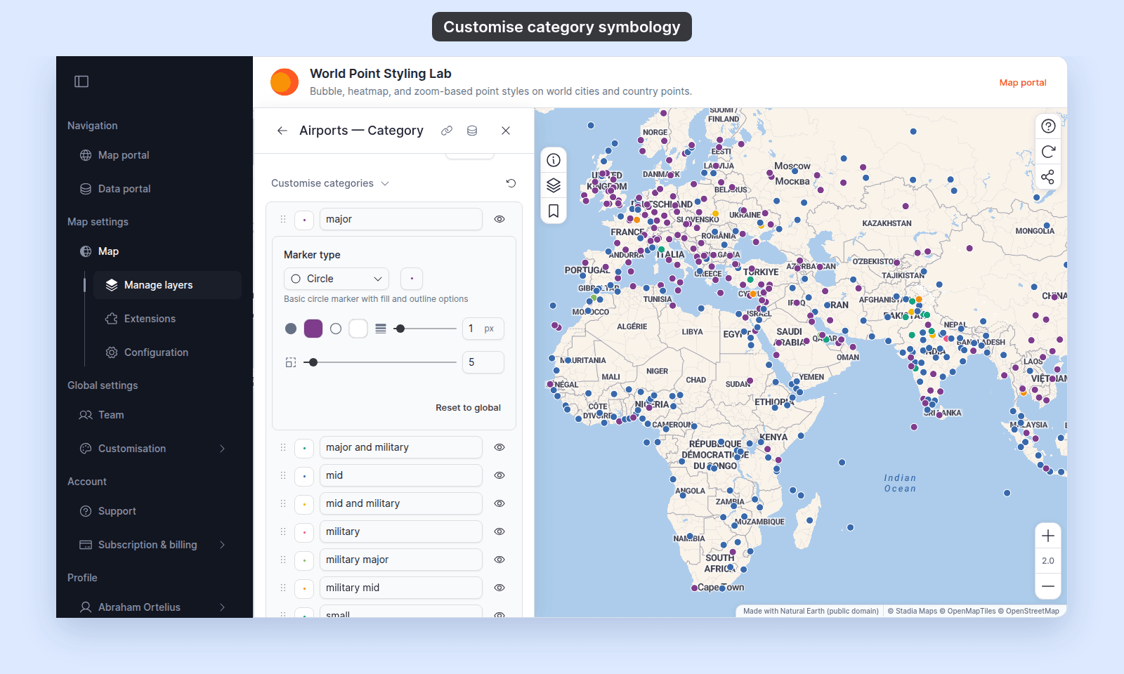 Customise categories on the Airports — Category point layer with the major row's swatch settings open: Marker type set to Circle, fill colour, outline colour and width, marker size, and Reset to global