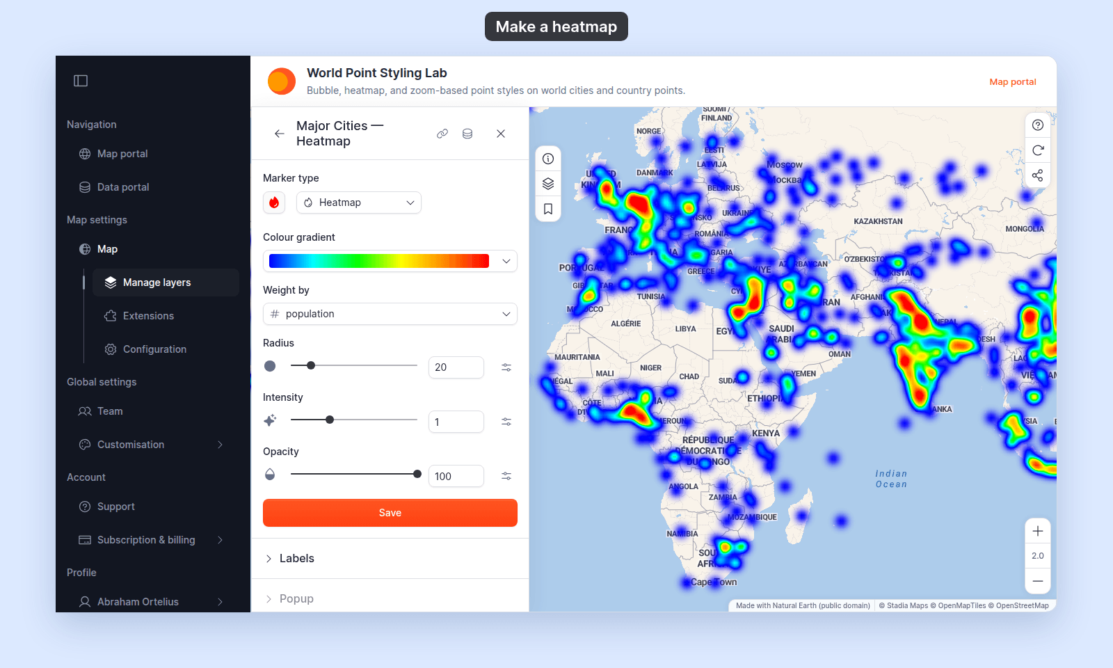 Style section of the Major Cities — Heatmap layer with Marker type set to Heatmap, the Colour gradient swatch, Weight by set to population, Radius 20, Intensity 1, Opacity 100, and Save, beside a world map where the cities show as a blue-to-red heatmap